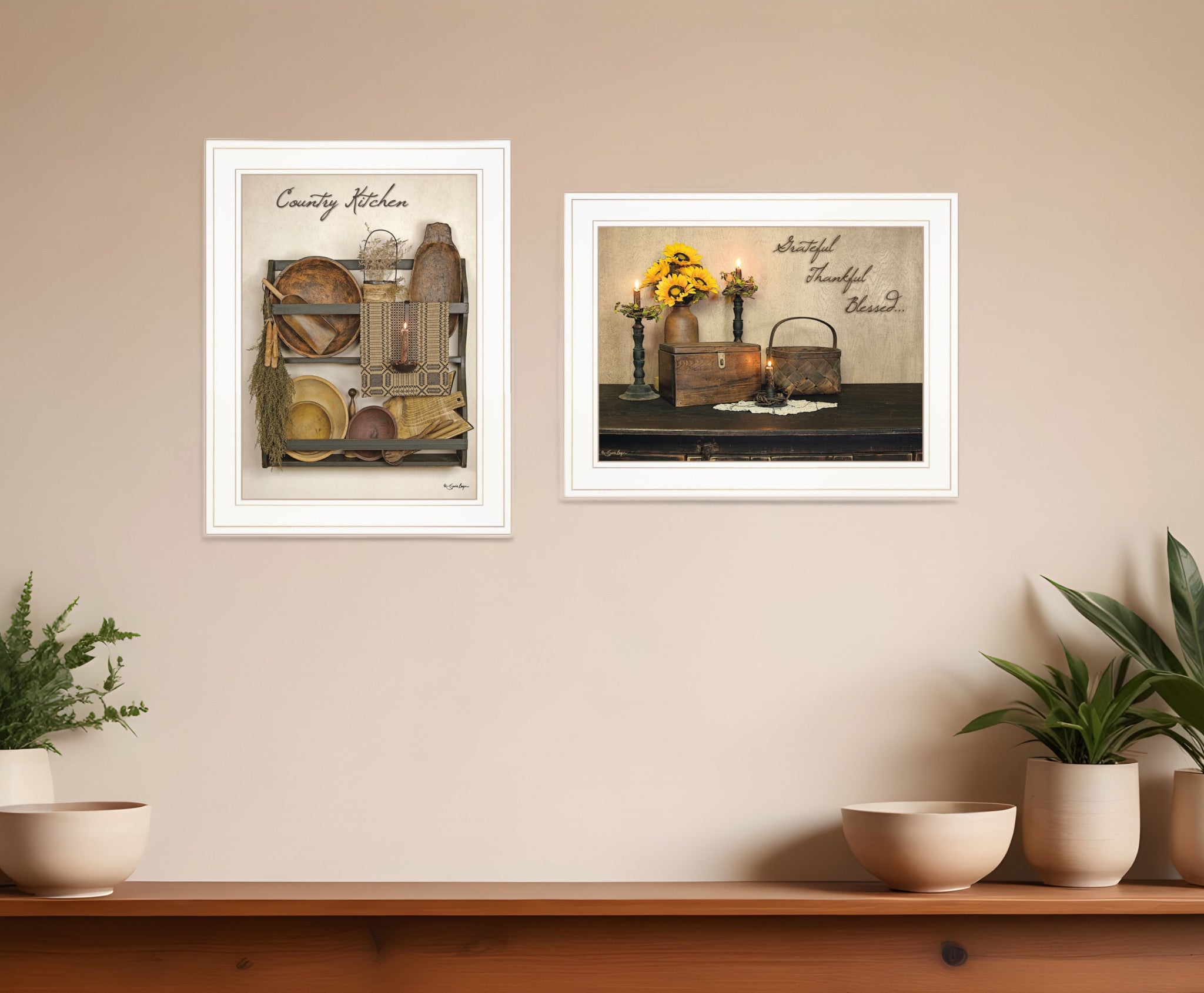 Set Of Two Grateful and Blessed White Framed Print Kitchen Wall Art