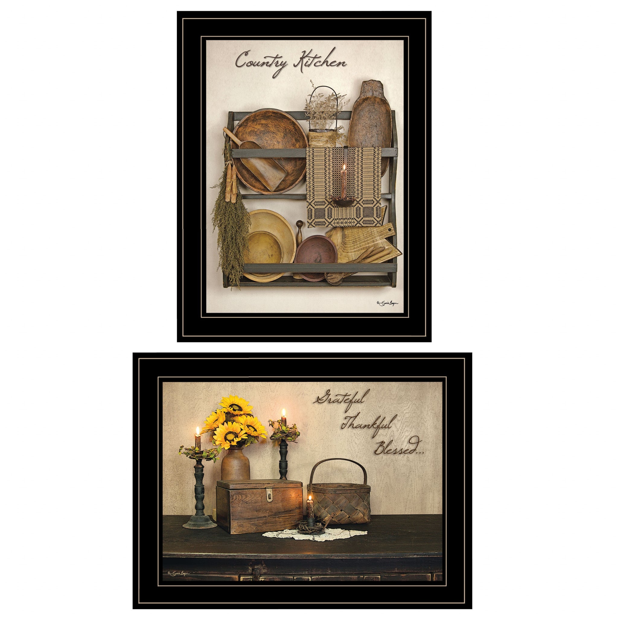 Set Of Two Grateful And Blessed Black Framed Print Kitchen Wall Art