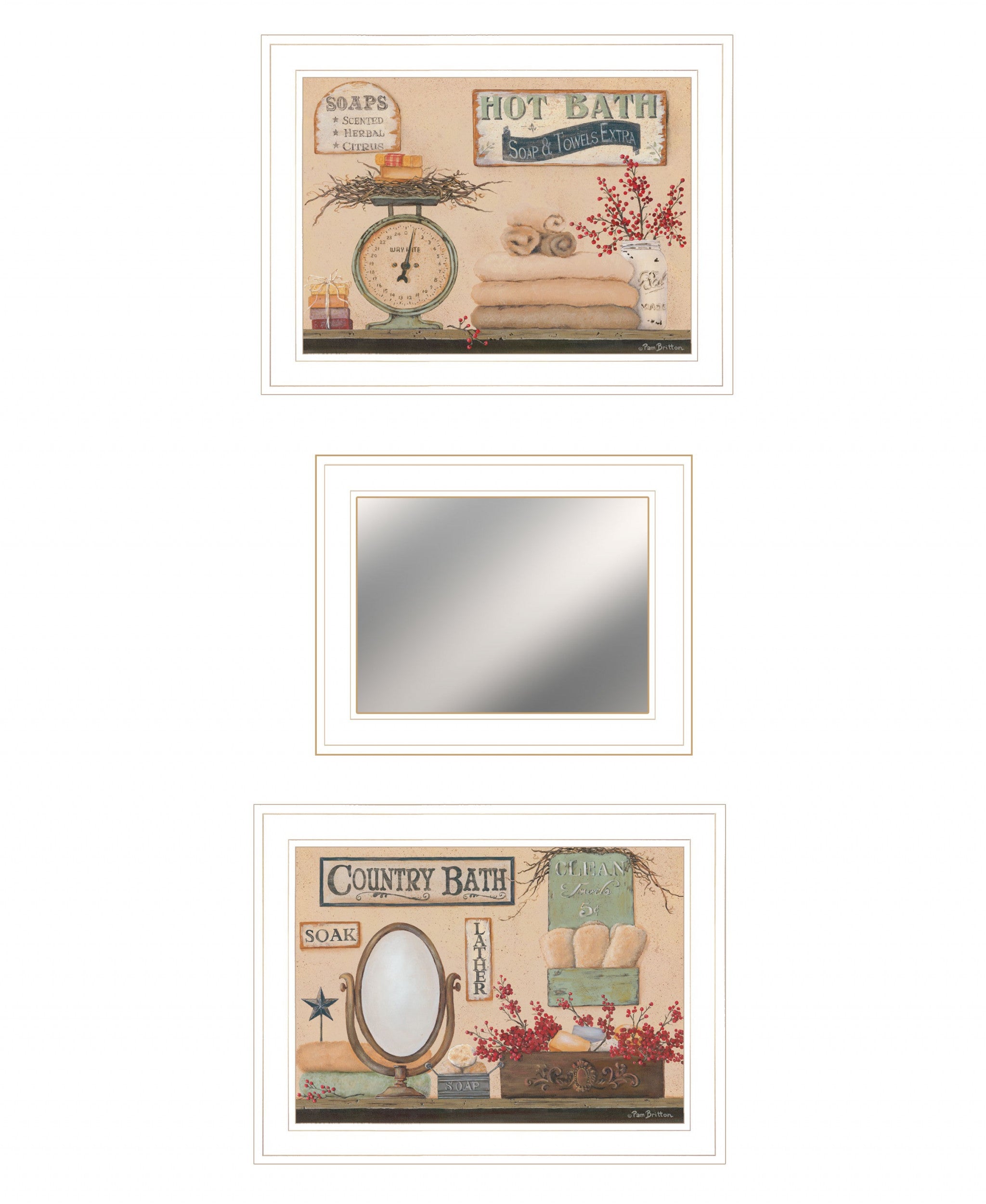 Set Of Three Wash Room White Rim Frame Bathroom Wall Art with Mirror