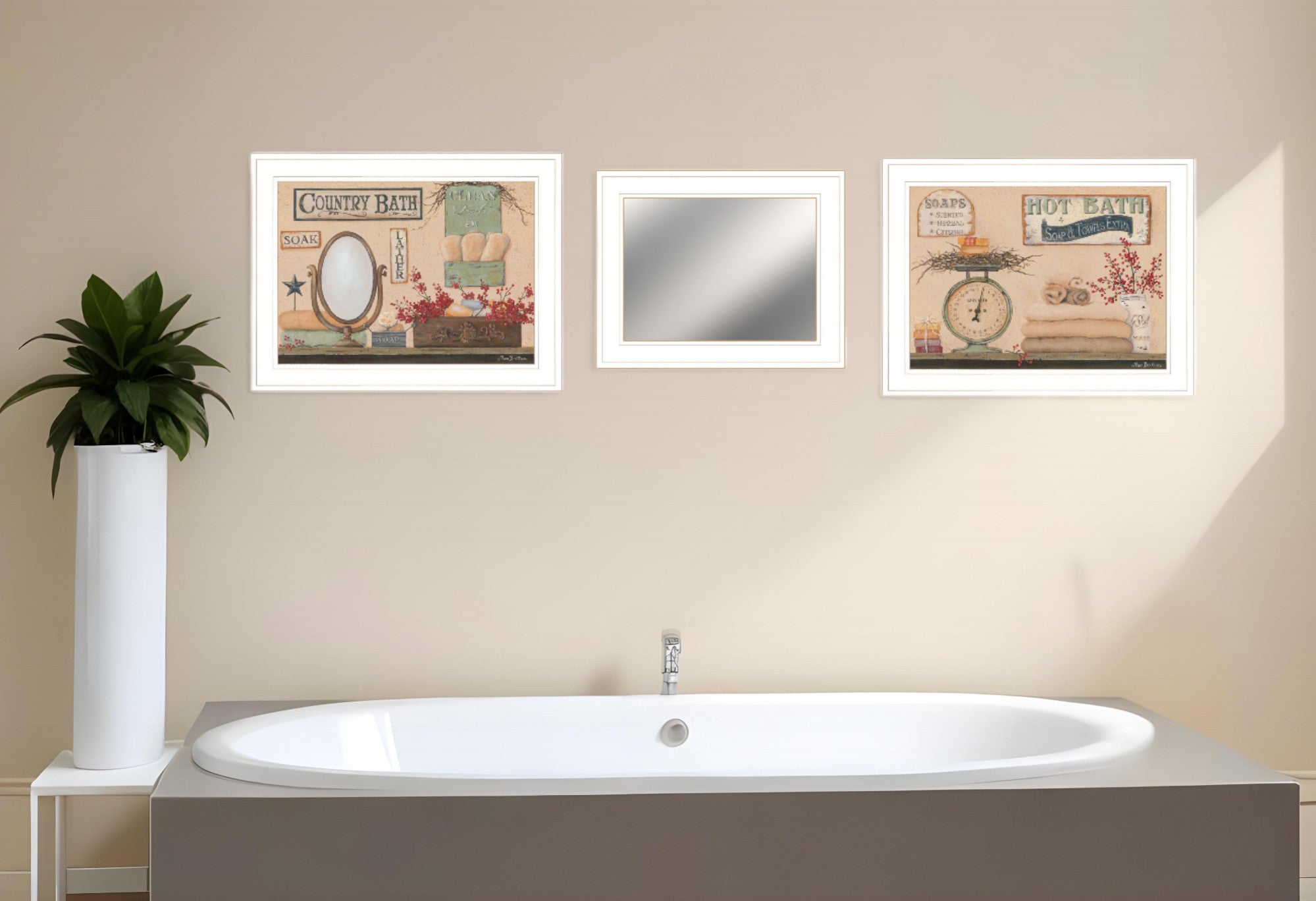 Set Of Three Wash Room White Rim Frame Bathroom Wall Art with Mirror