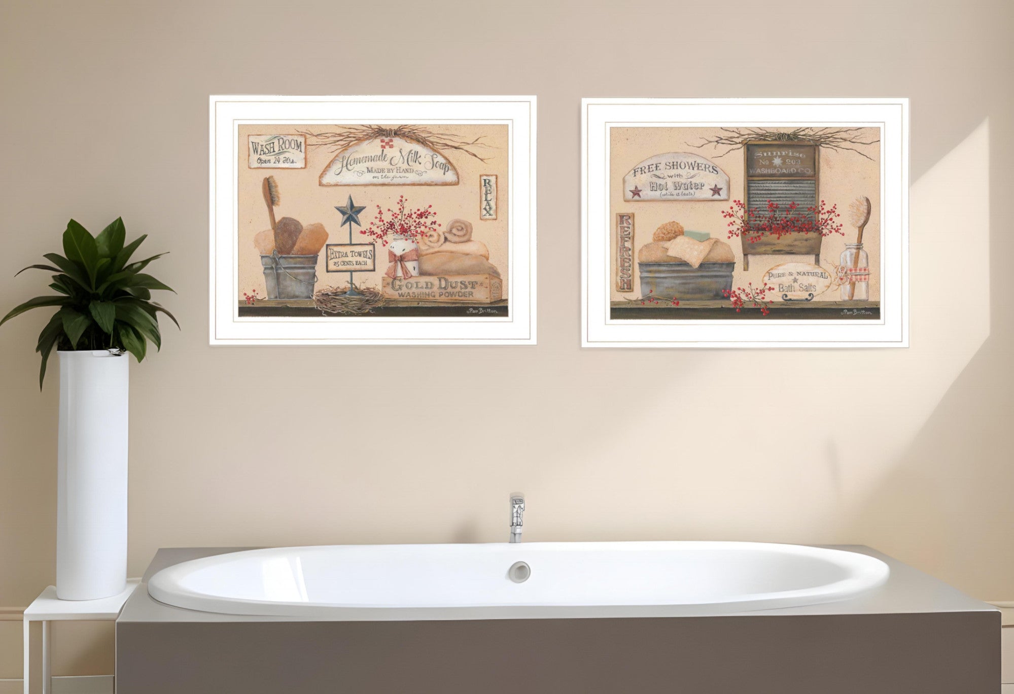 Set Of Two Wash Room White Framed Print Bathroom Wall Art