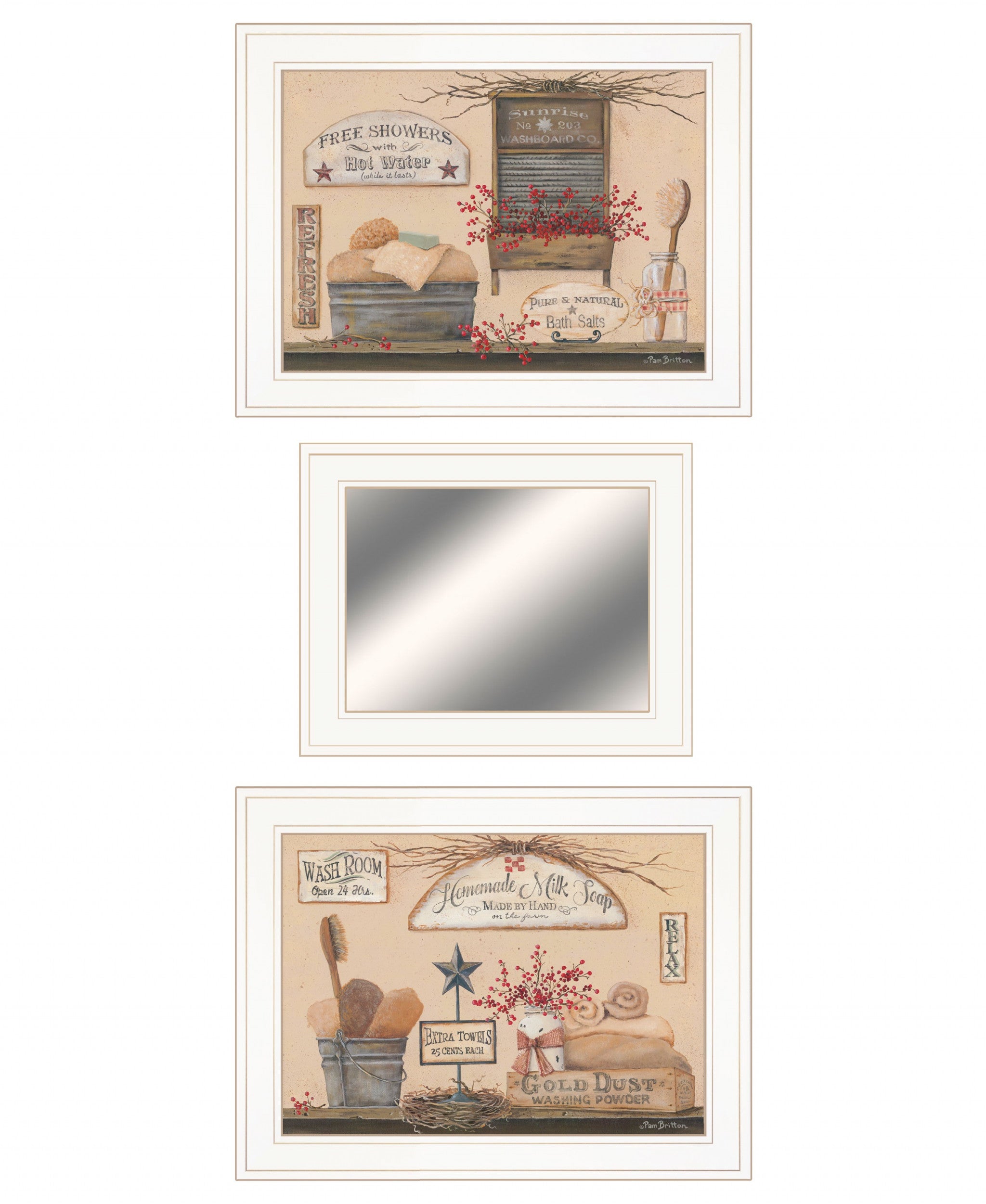 Set Of Three Wash Room White Frame Bathroom Wall Art and Mirror