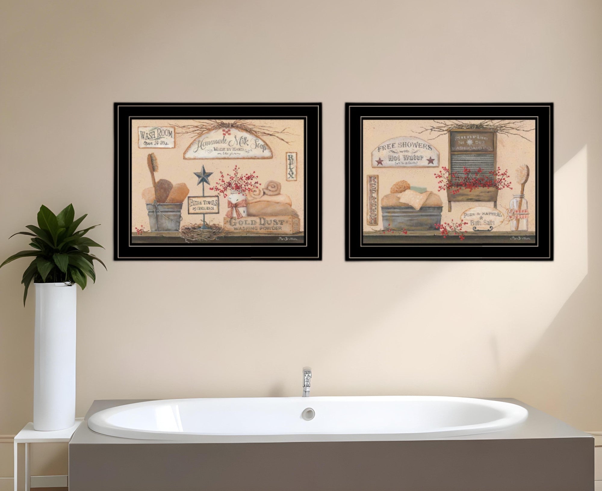 Set Of Two Wash Room 2 Black Framed Print Bathroom Wall Art