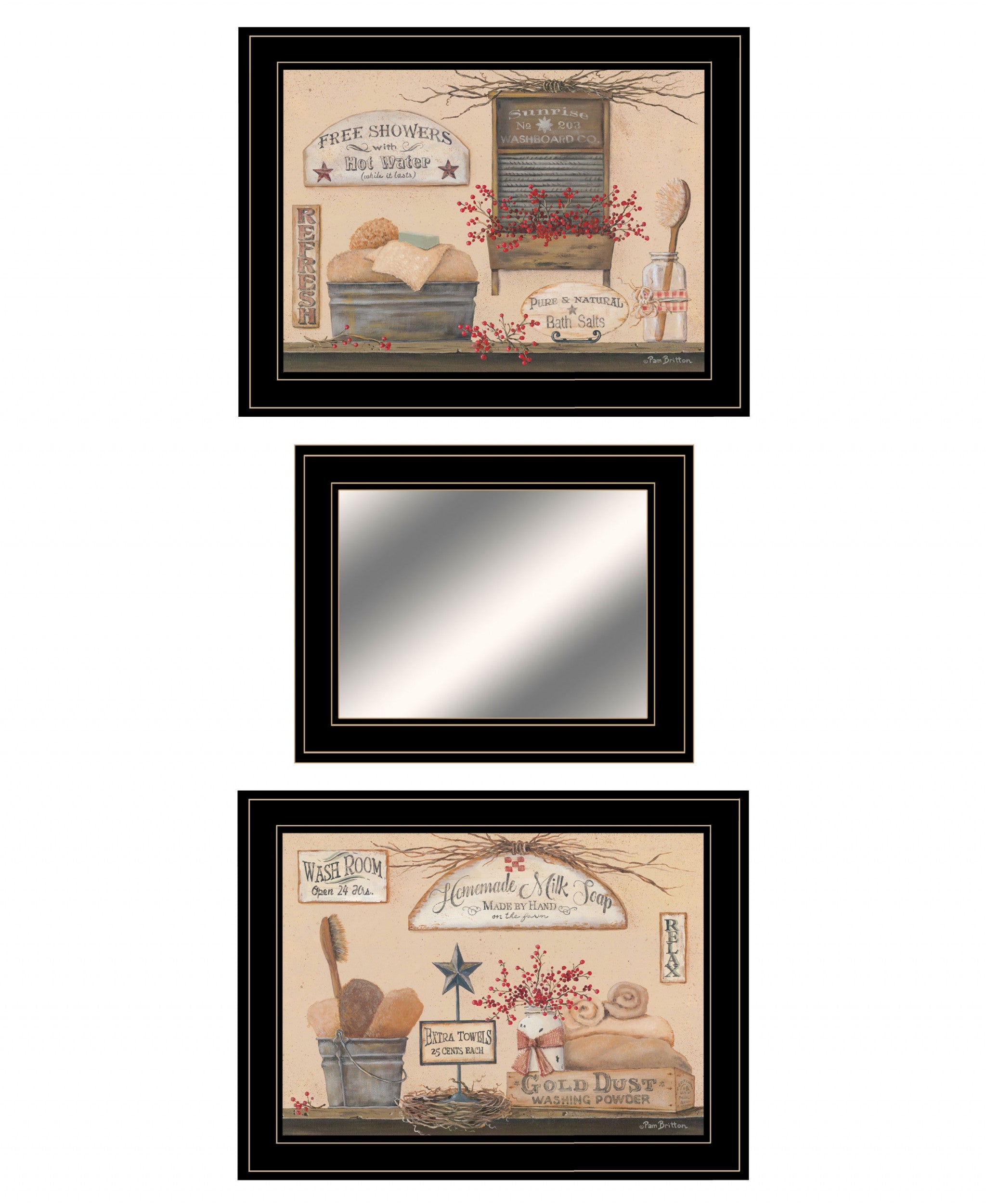 Set Of Three Wash Room Black Framed Print Wall Art with Mirror