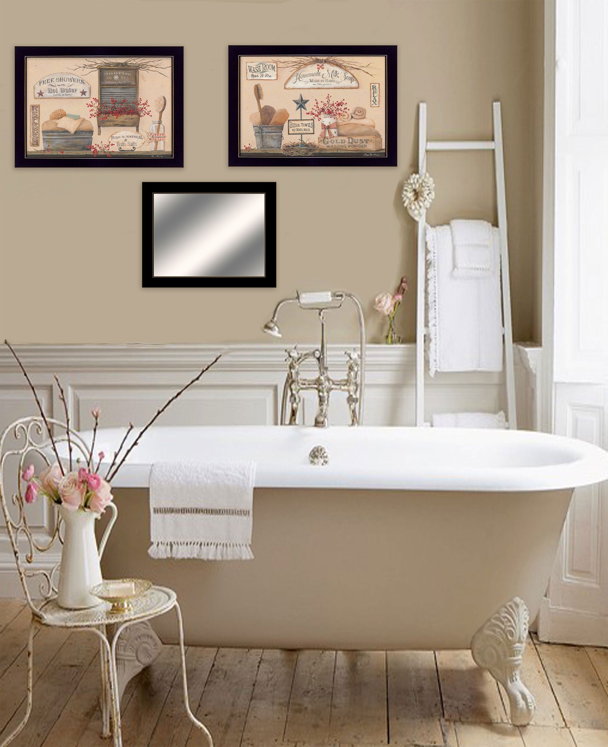 Set Of Three Wash Room Black Inner Rim Frame Bathroom Wall Art with Mirror