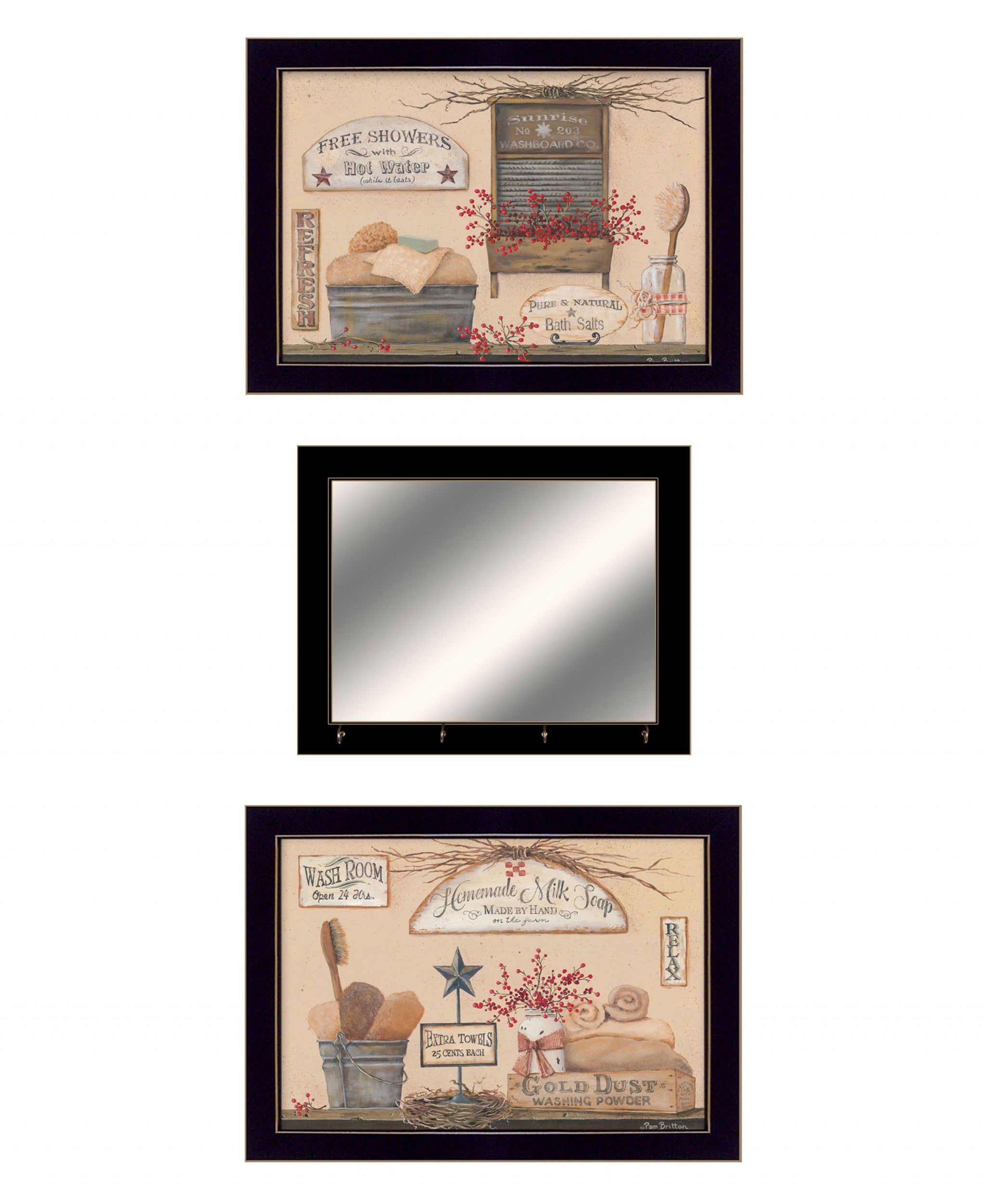 Set Of Three Wash Room 6 Black Framed Print Wall Art