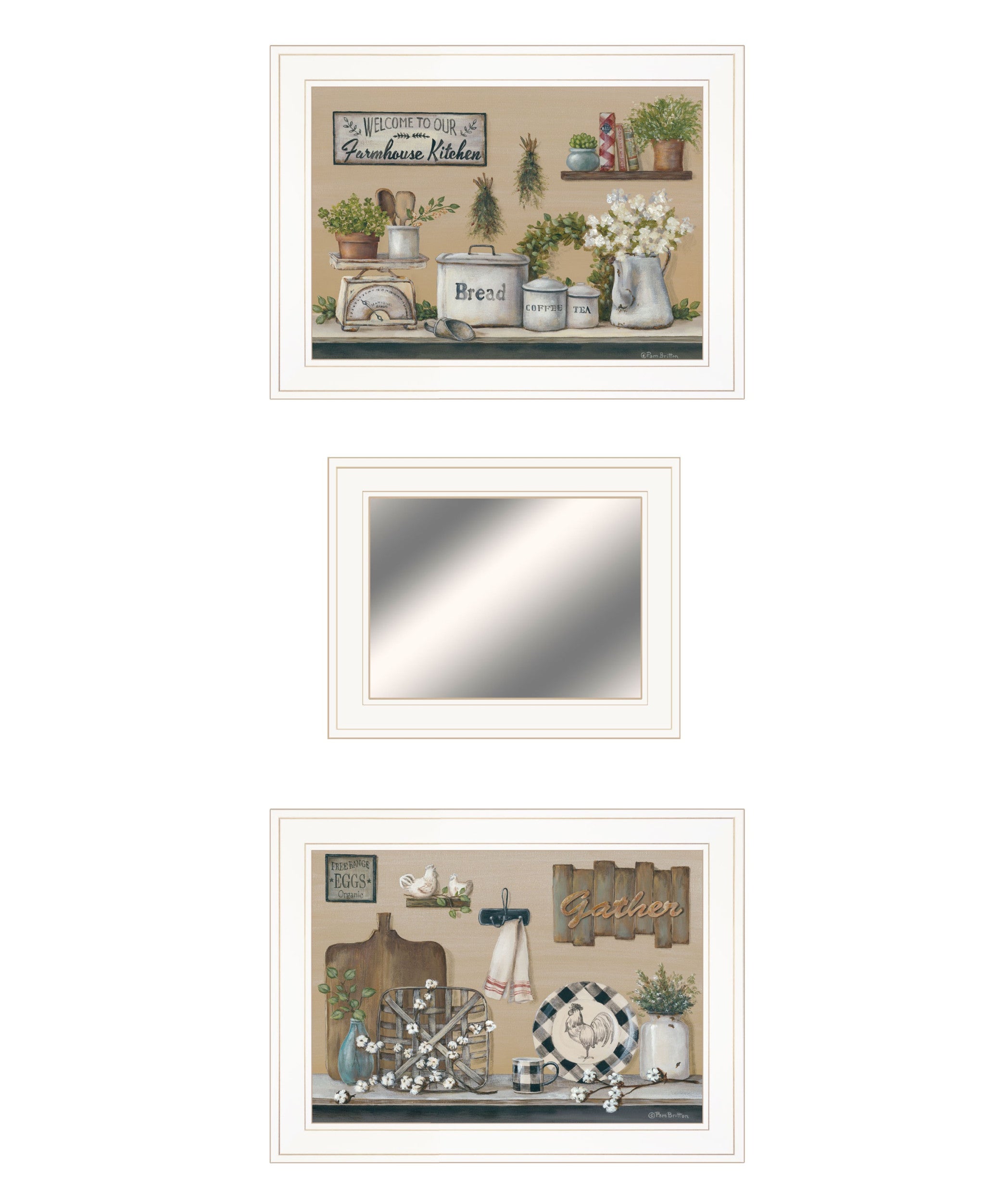 Set Of Three Farmhouse Kitchen 1 White Framed Kitchen Wall Art with Mirror