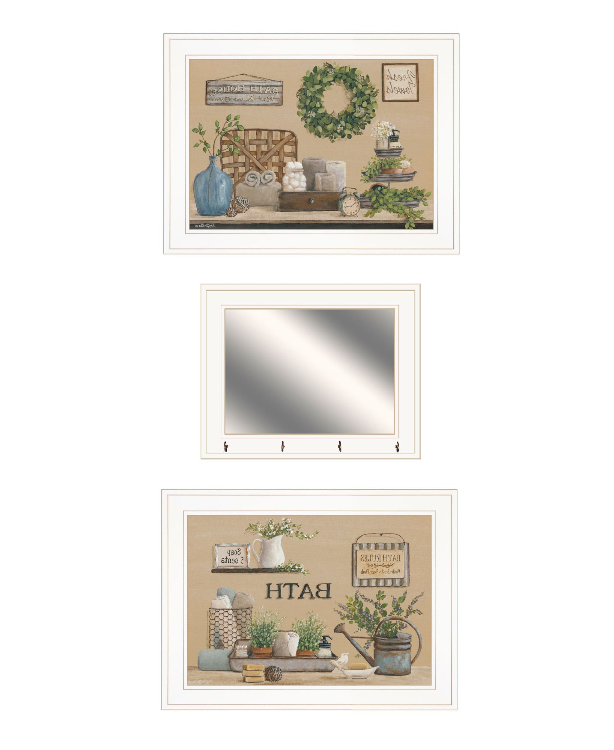 Set Of Three Bath Time 1 White Framed Print Bathroom Wall Art with Mirror