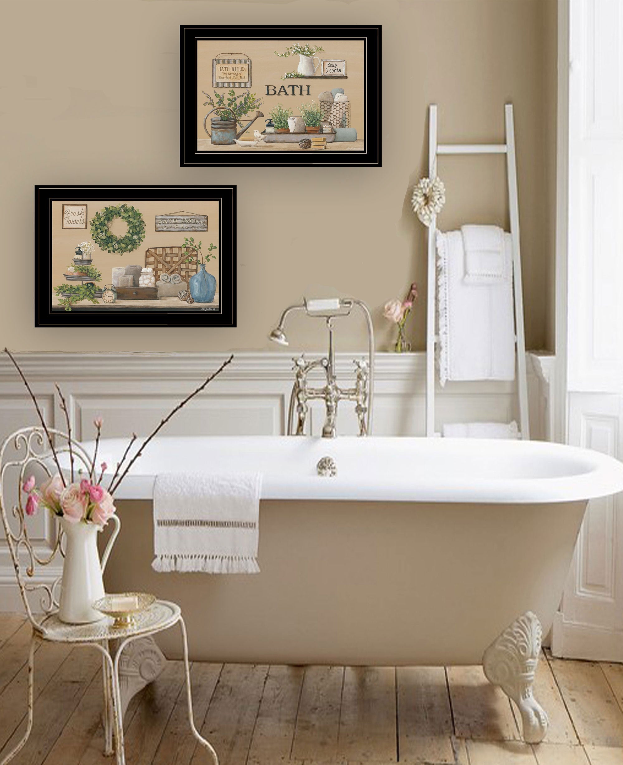 Set Of Two Bath Time 2 Black Framed Print Bathroom Wall Art