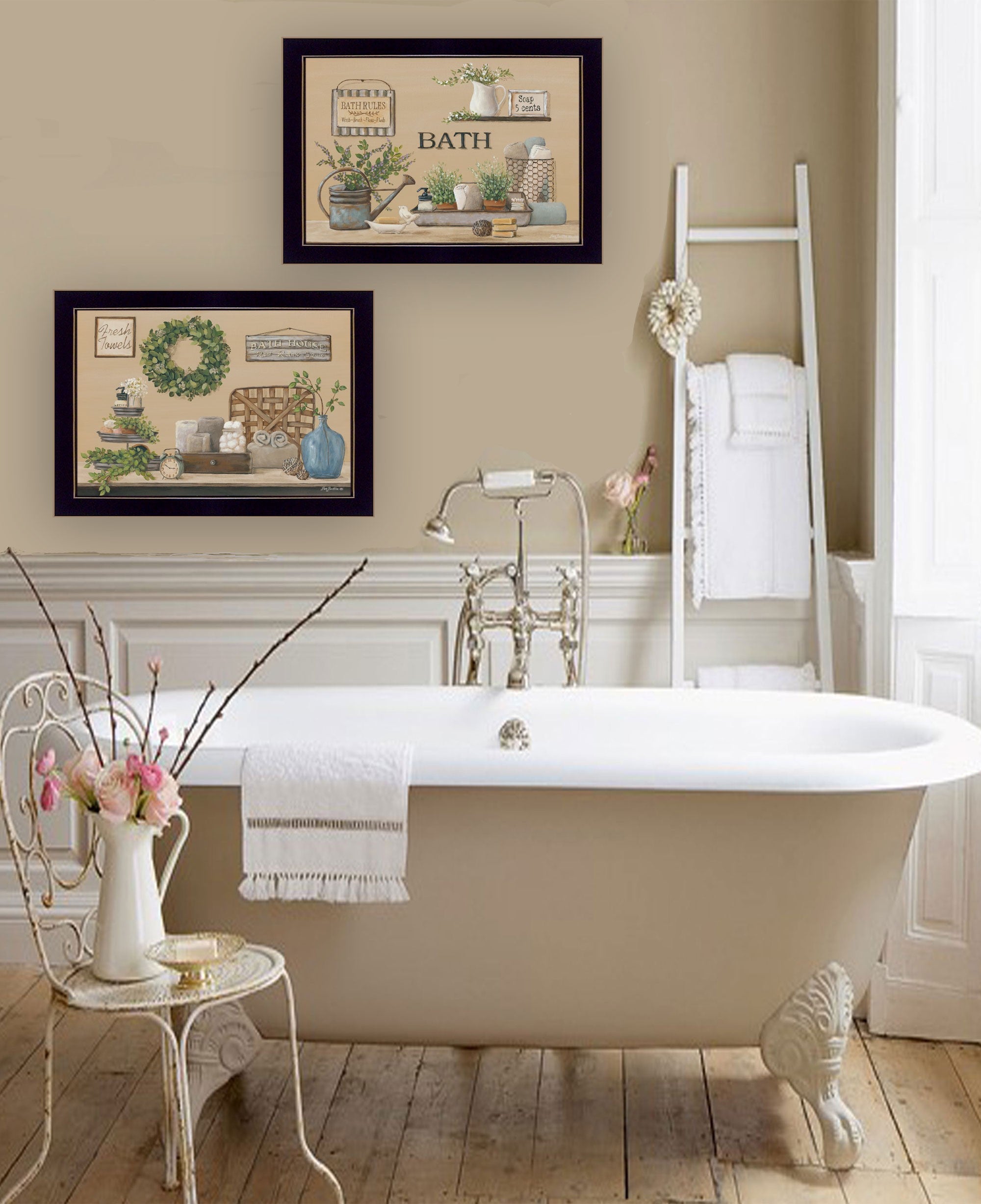 Set Of Two Bath Time 3 Black Framed Print Bathroom Wall Art