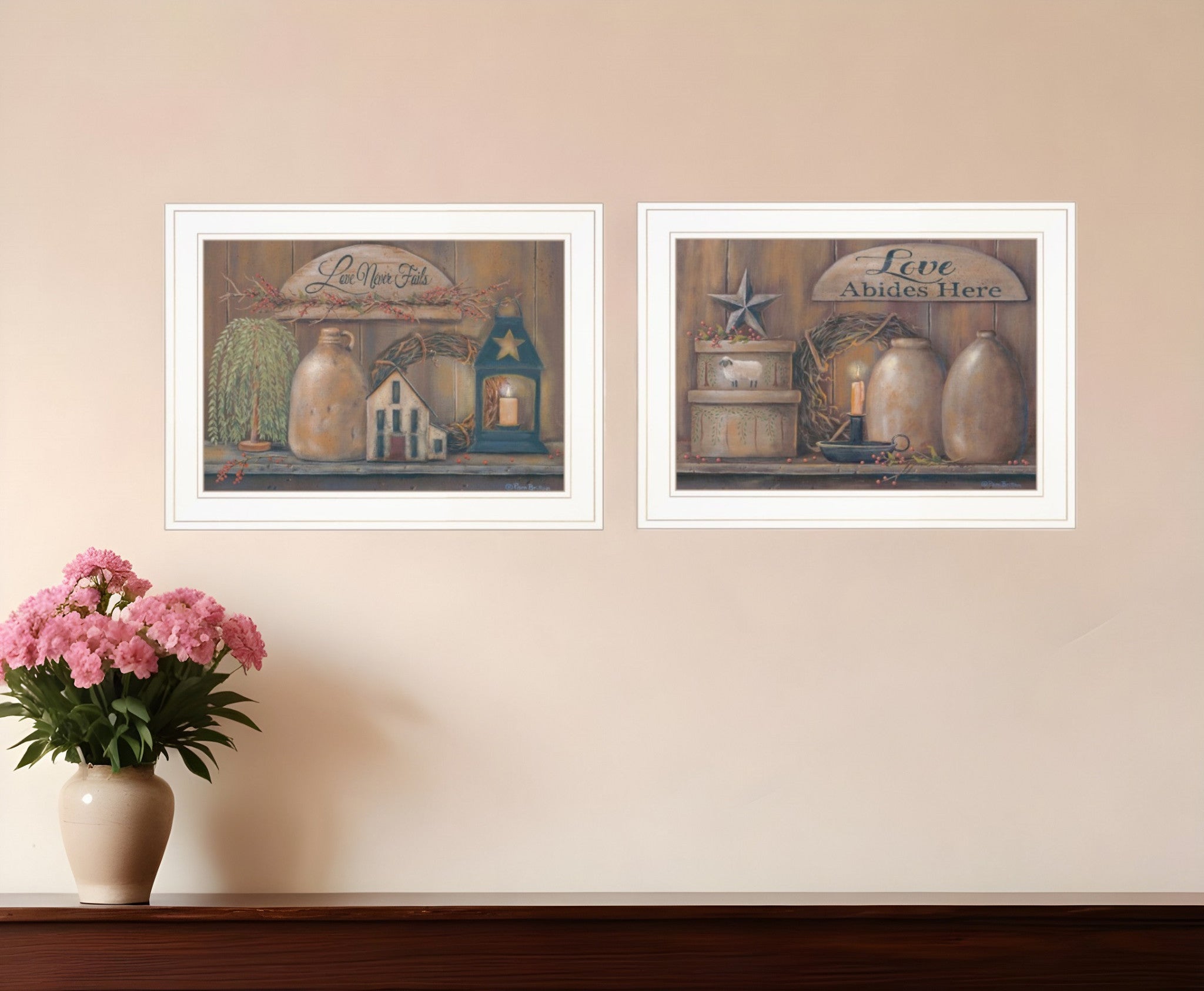 Set Of Two Love Never Fails 1 White Framed Print Wall Art