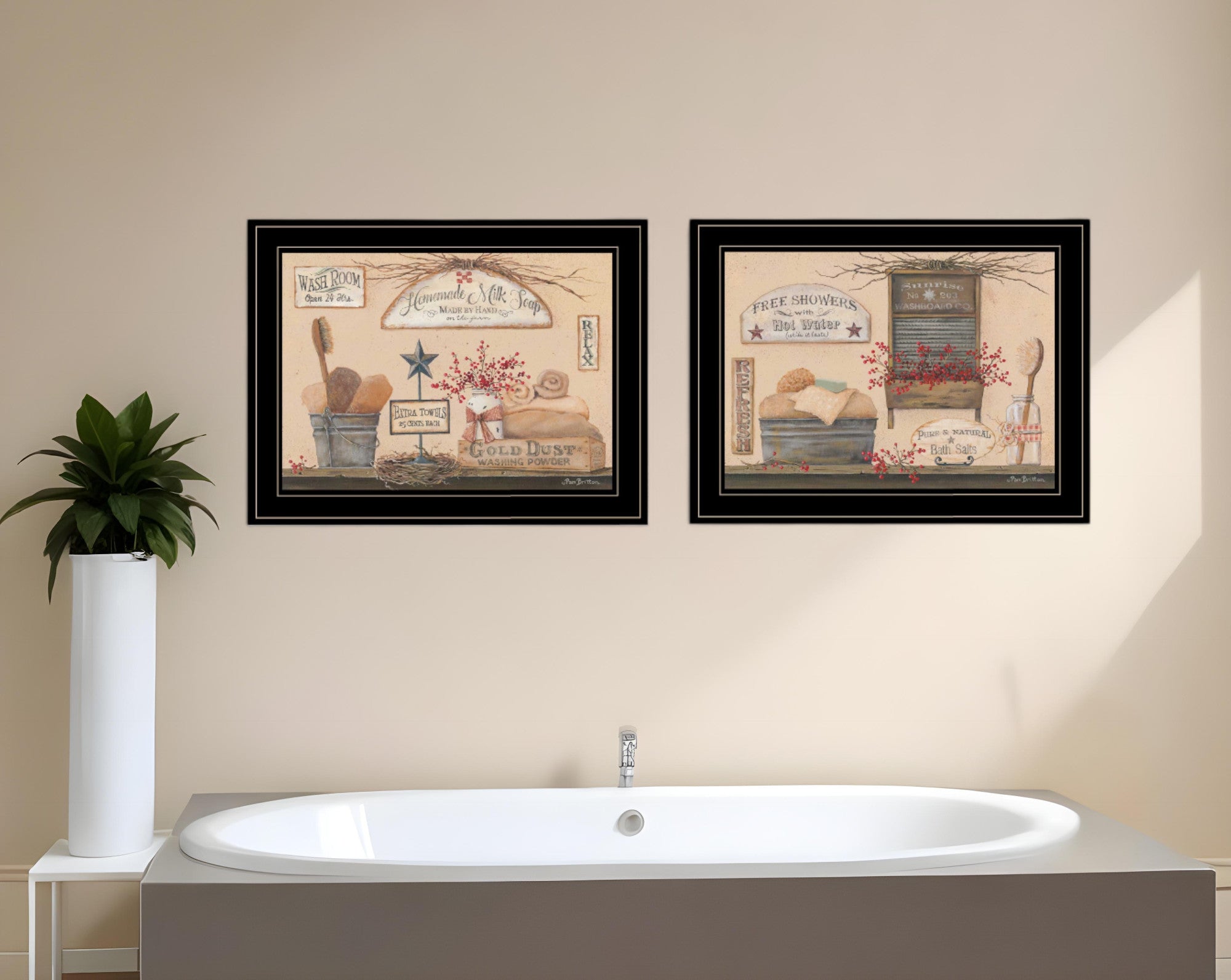 Set Of Two Wash Room 5 Black Framed Print Bathroom Wall Art