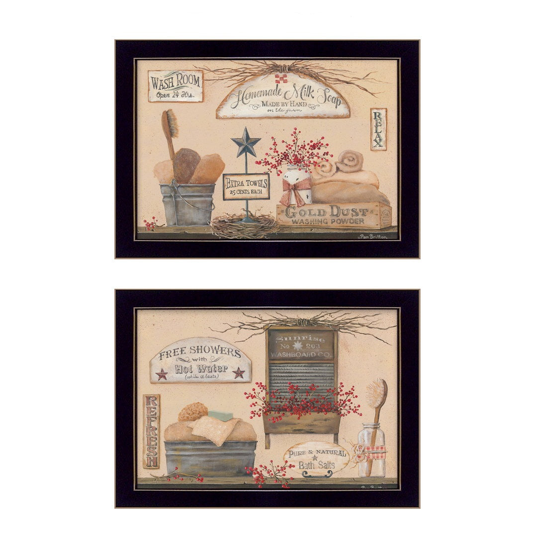 Set Of Two Wash Room Black Framed Print Bathroom Wall Art