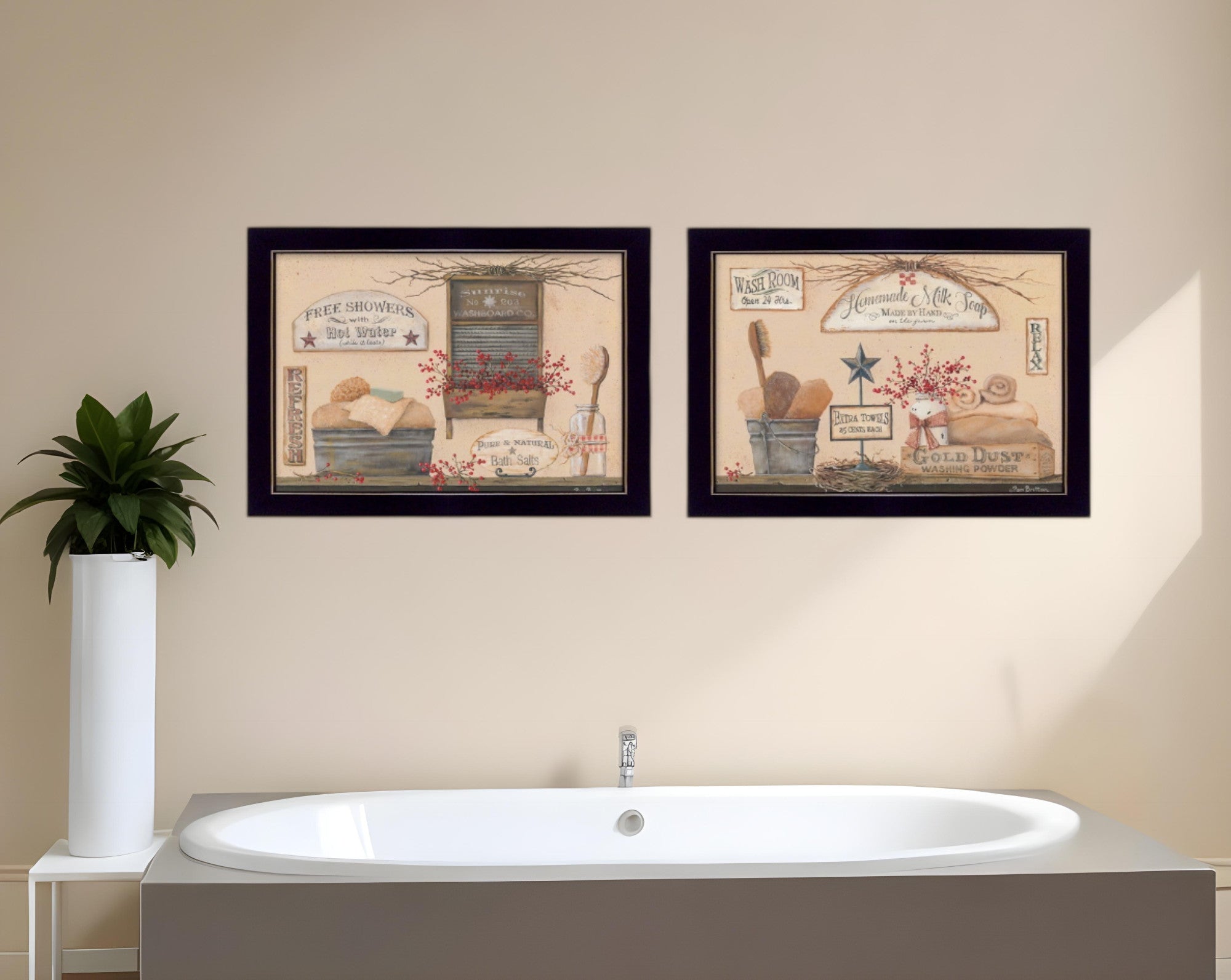 Set Of Two Wash Room Black Framed Print Bathroom Wall Art