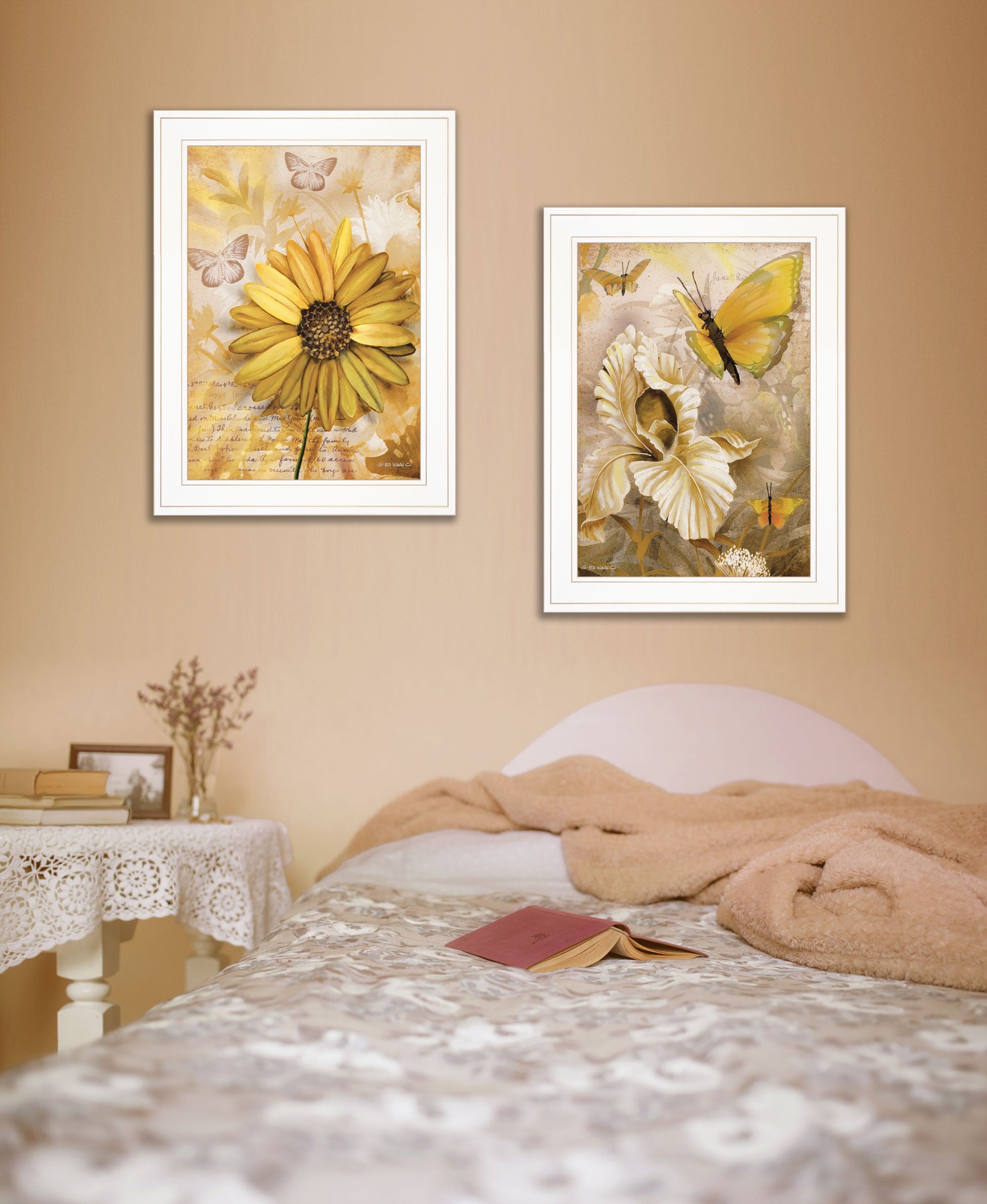 Set Of Two Yellow Flowers And Butterflies White Framed Print Wall Art