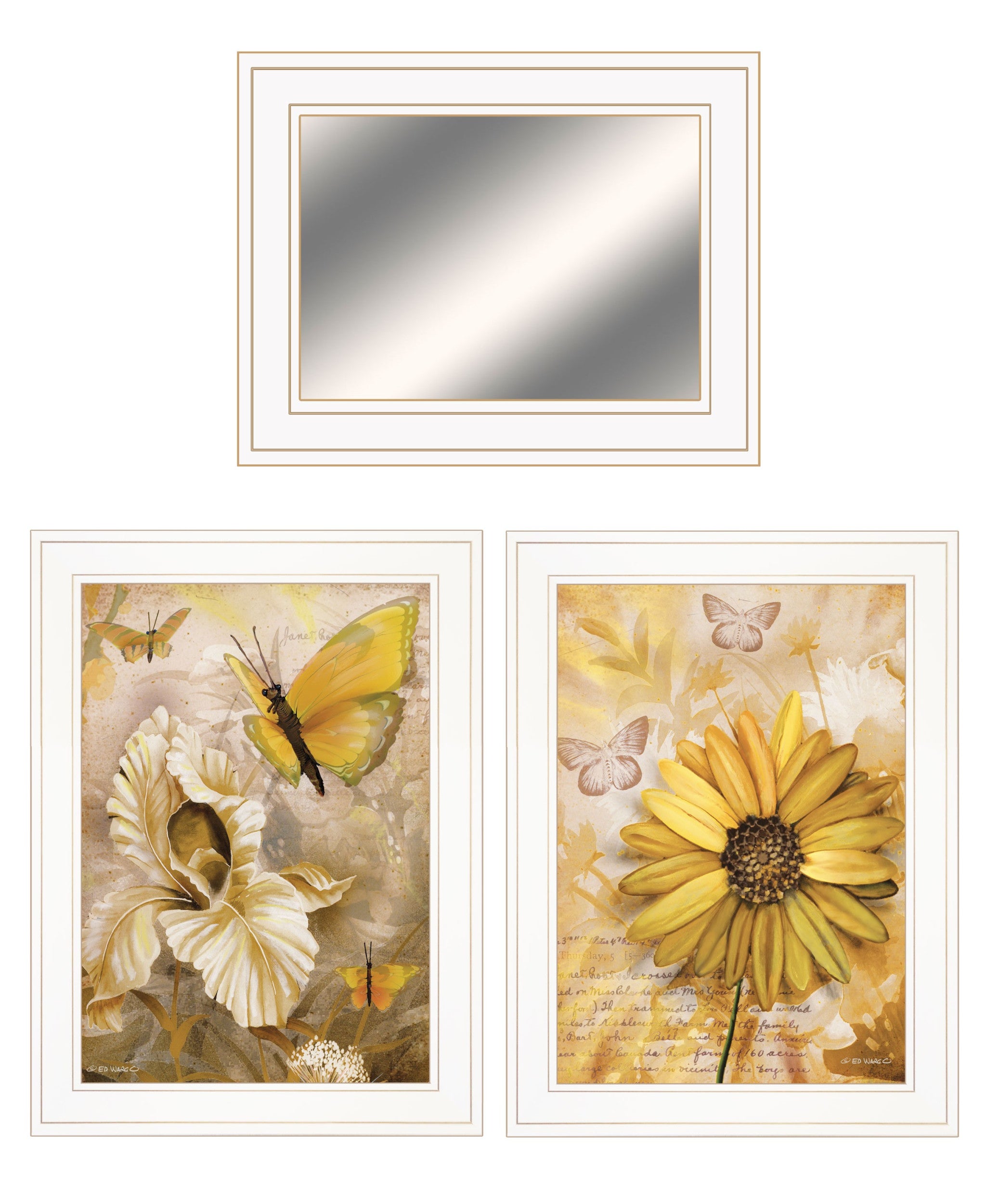 Set Of Three Yellow Butterflies White Framed Print Wall Art with Mirror