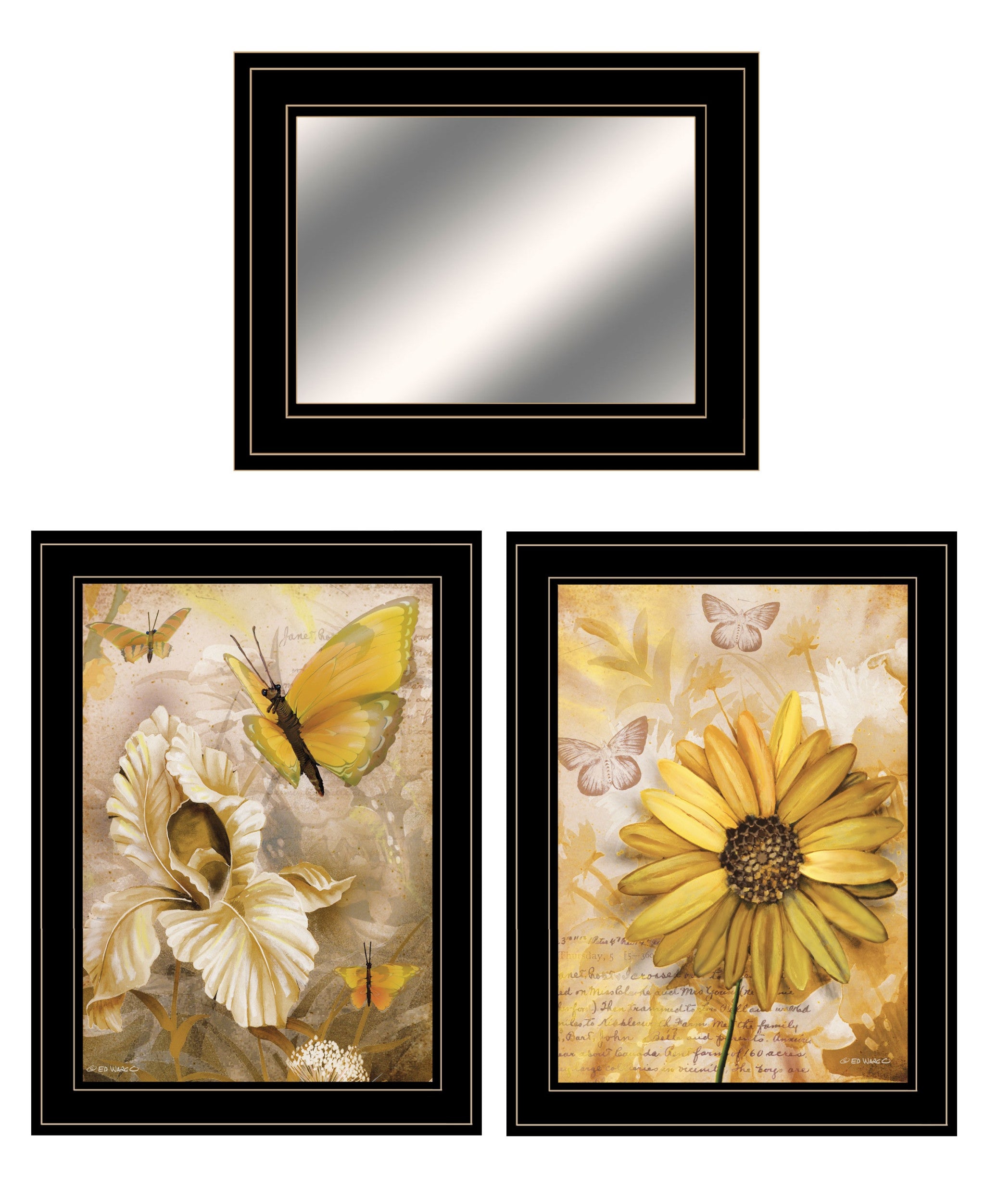 Set Of Three Yellow Butterflies Black Framed Print Wall Art With Mirror