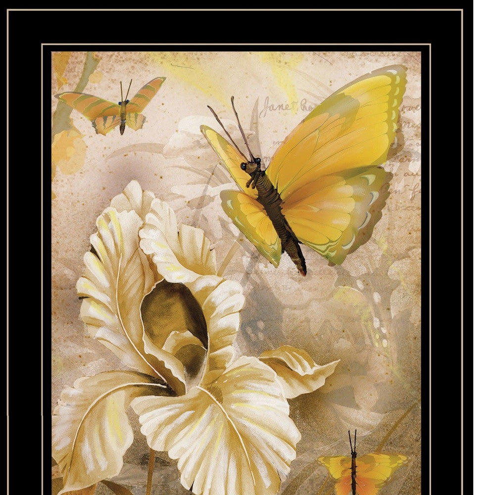 Set Of Three Yellow Butterflies Black Framed Print Wall Art With Mirror