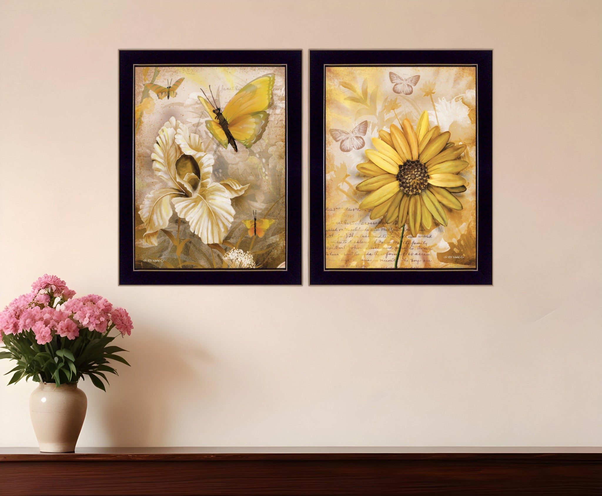 Set Of Two Flowers and Butterflies 3 Black Framed Print Wall Art