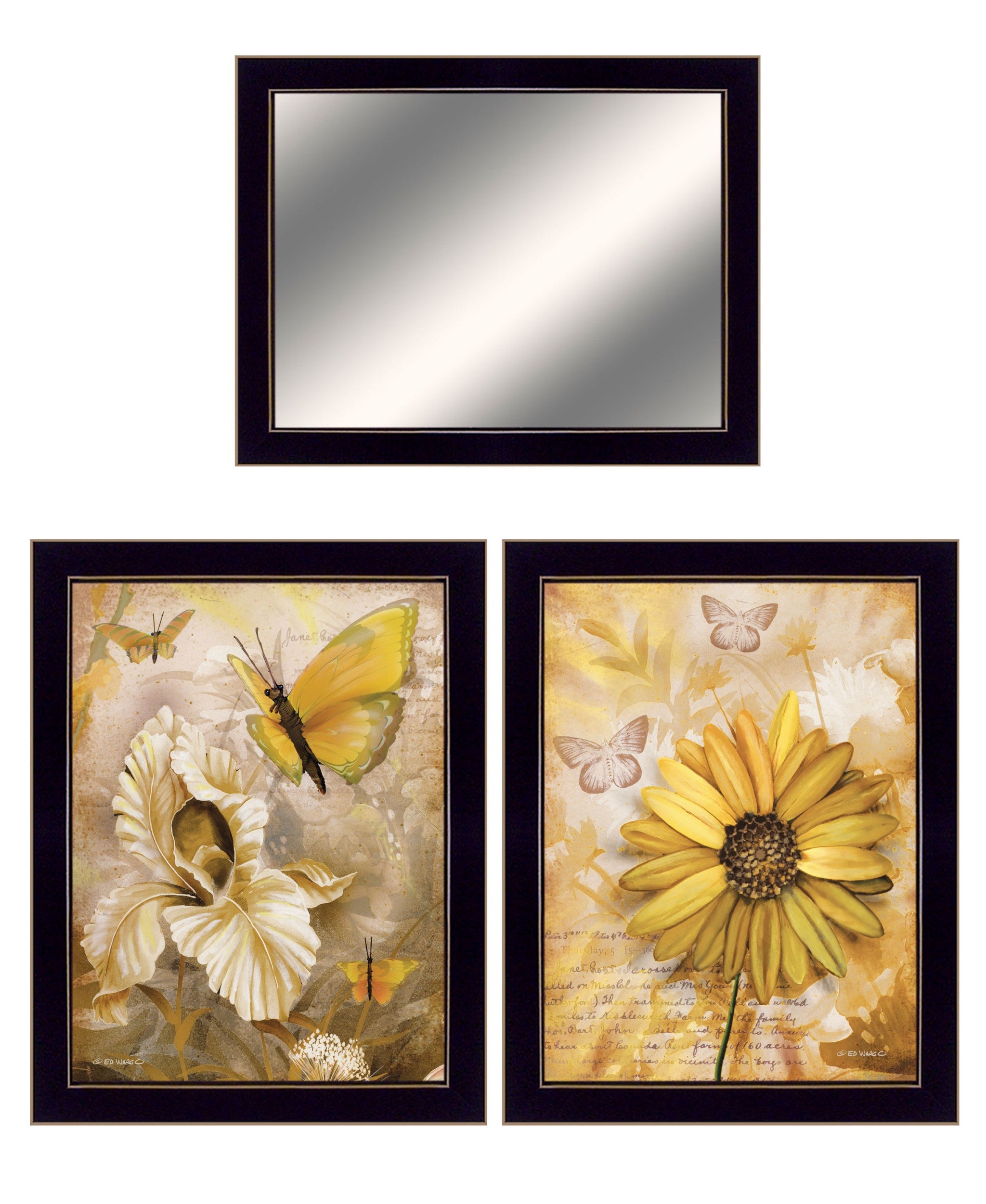 Set Of Three Yellow Butterflies 3 Black Framed Print Wall Art with Mirror