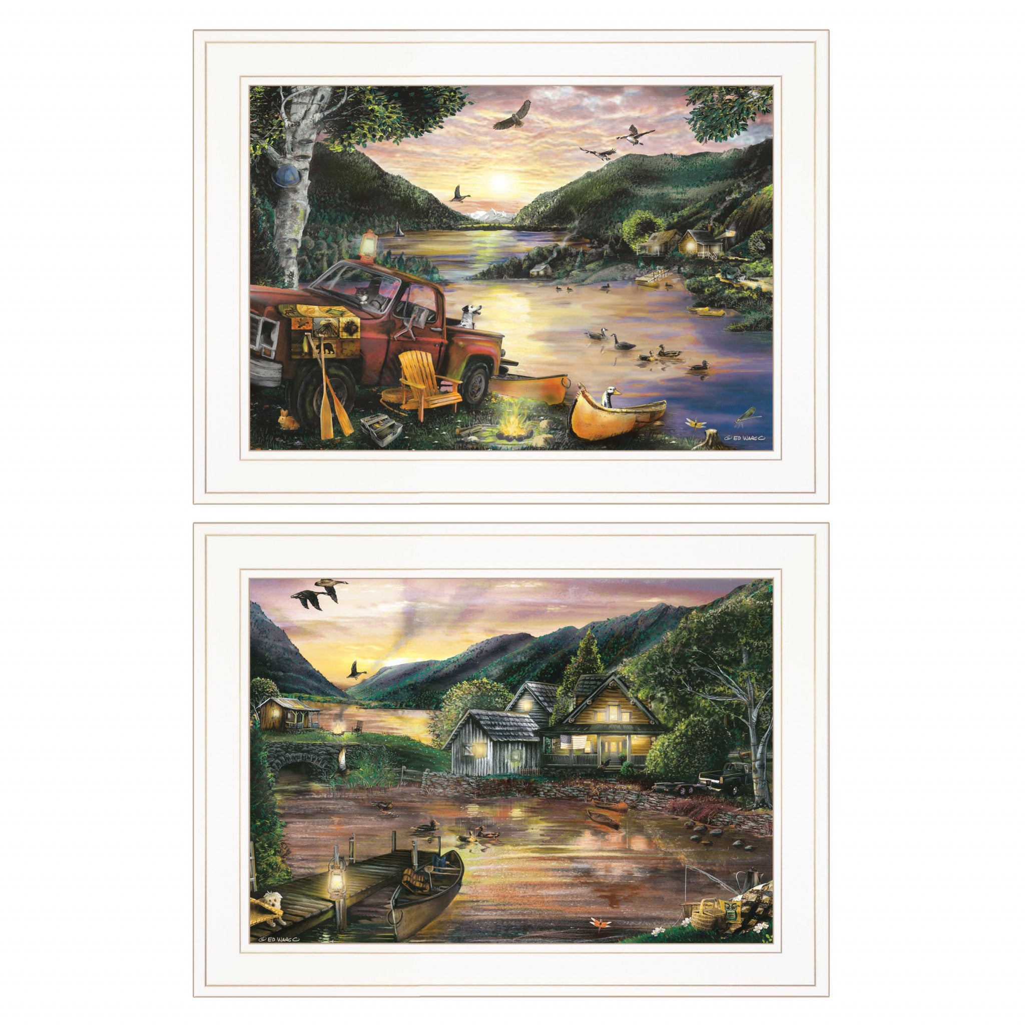 Set Of Two Lakefront Camping 1 White Framed Print Wall Art