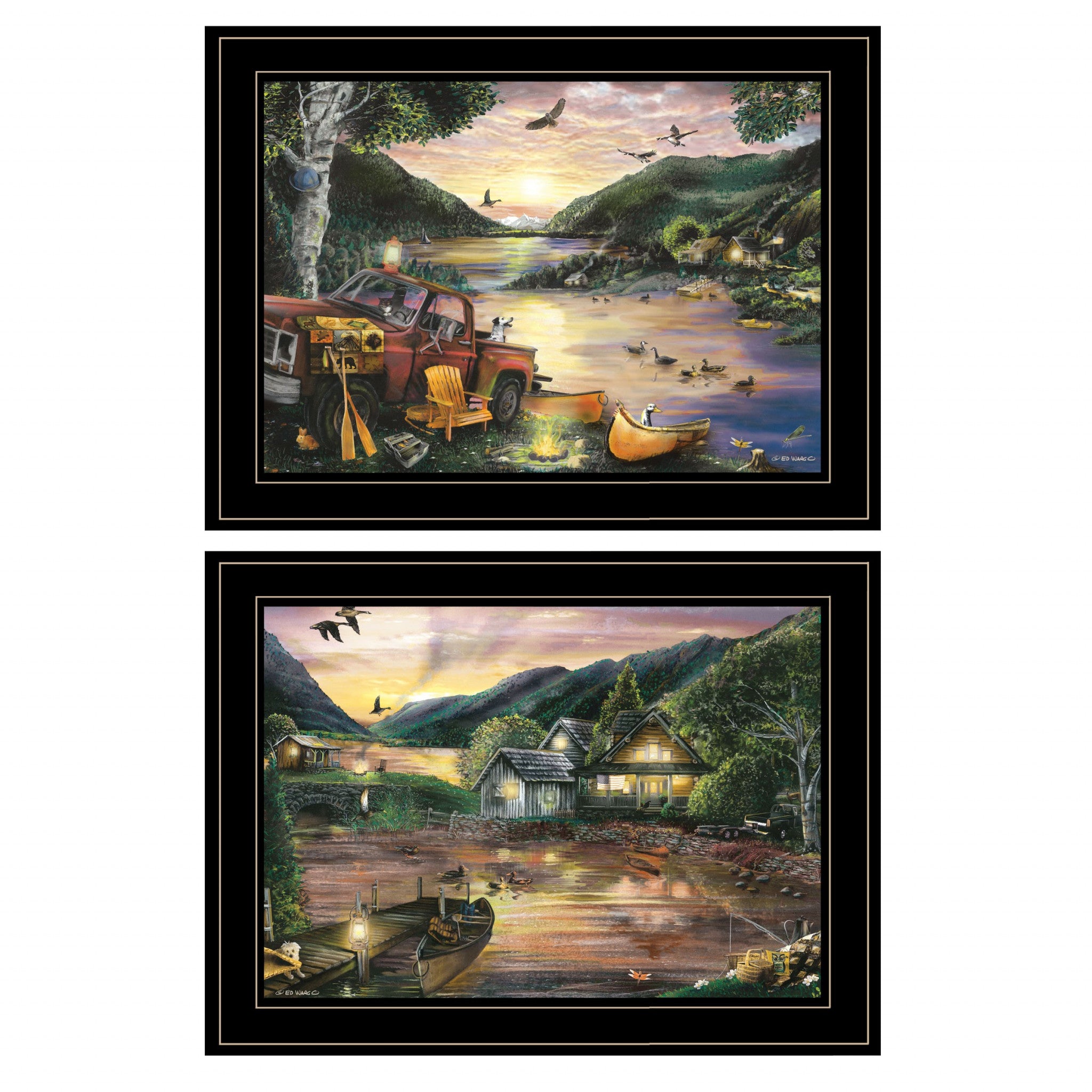 Set Of Two Lakefront Camping 2 Black Framed Print Wall Art