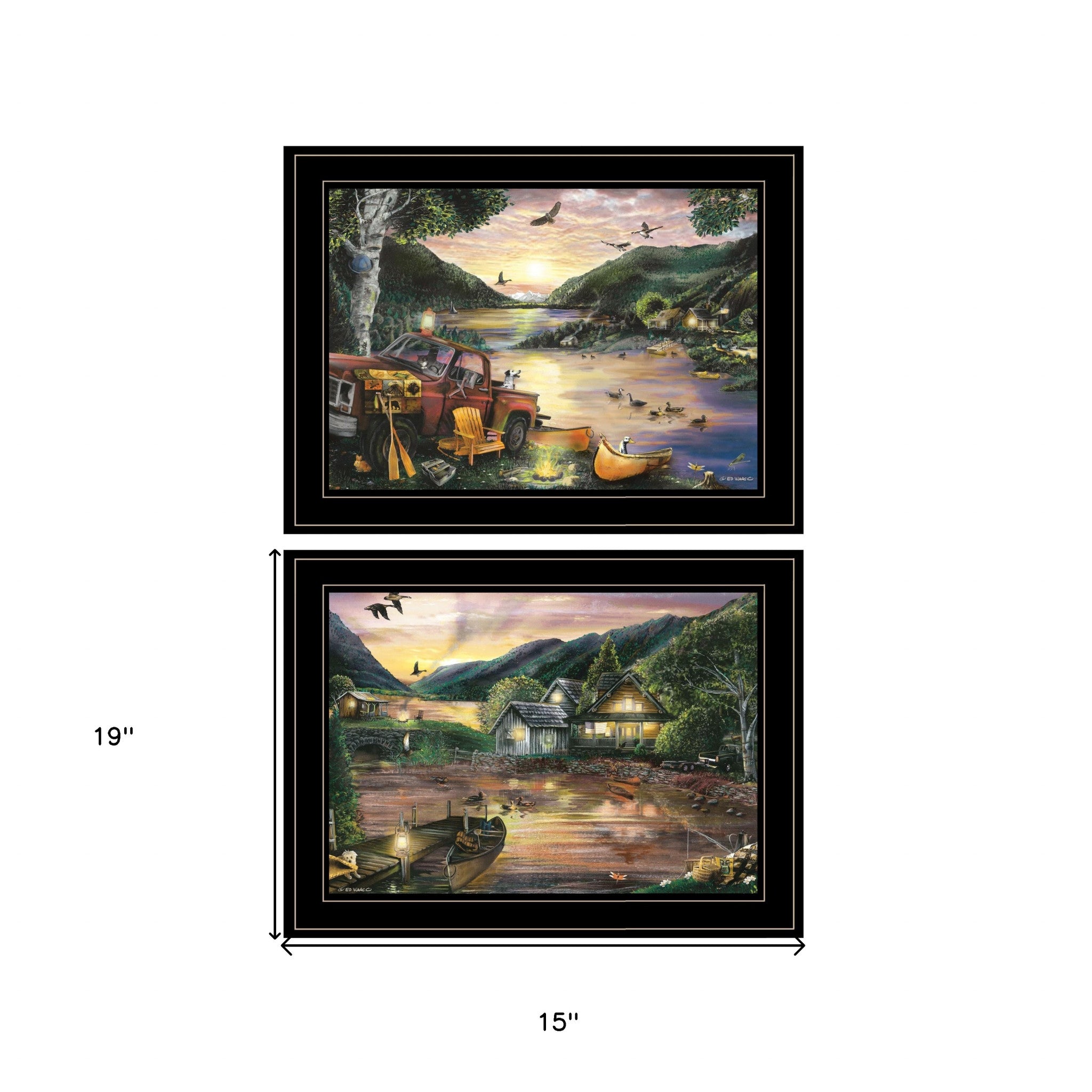 Set Of Two Lakefront Camping 2 Black Framed Print Wall Art