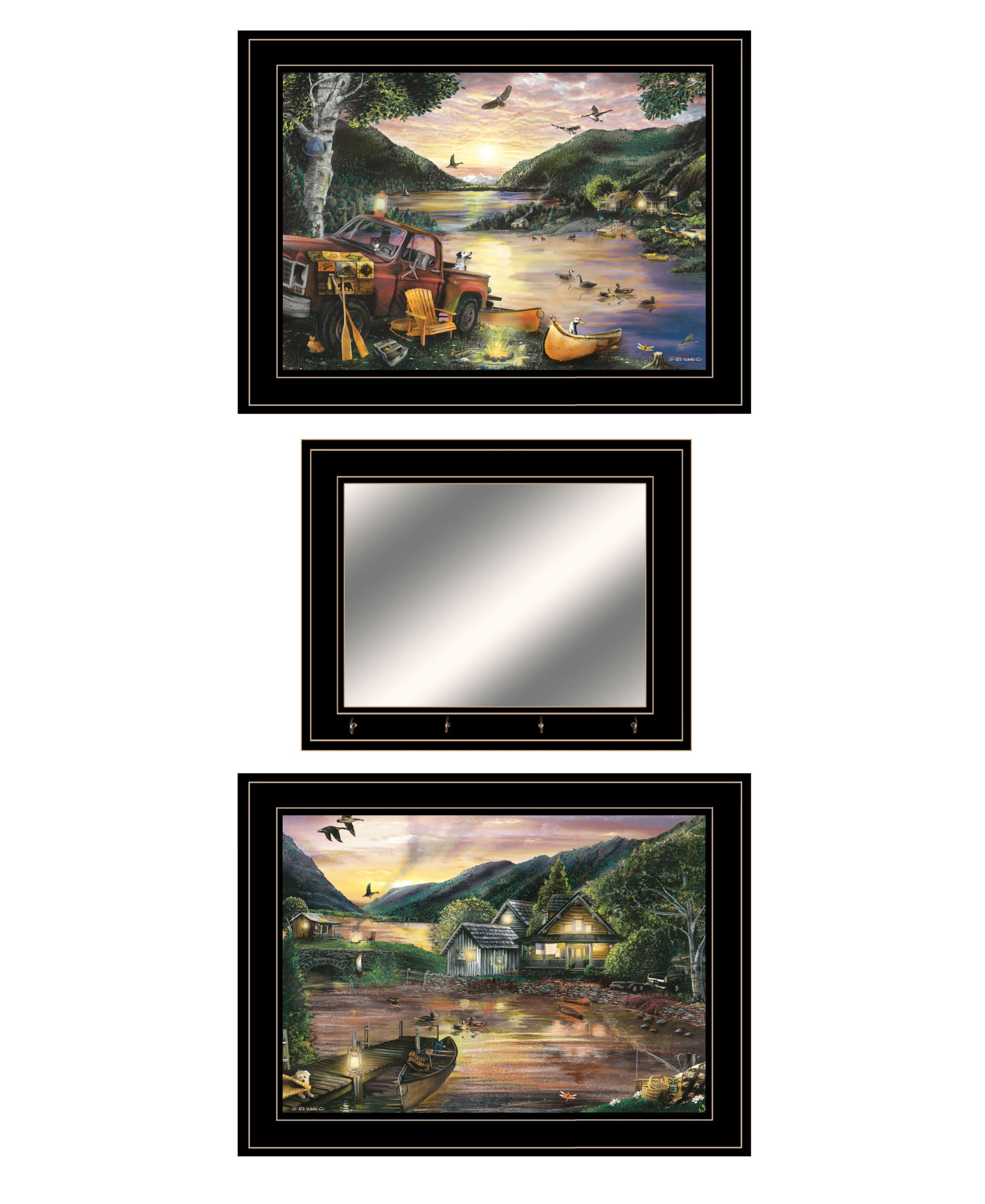 Set Of Three Lakefront Camping 2 Black Framed Print Wall Art with Mirror