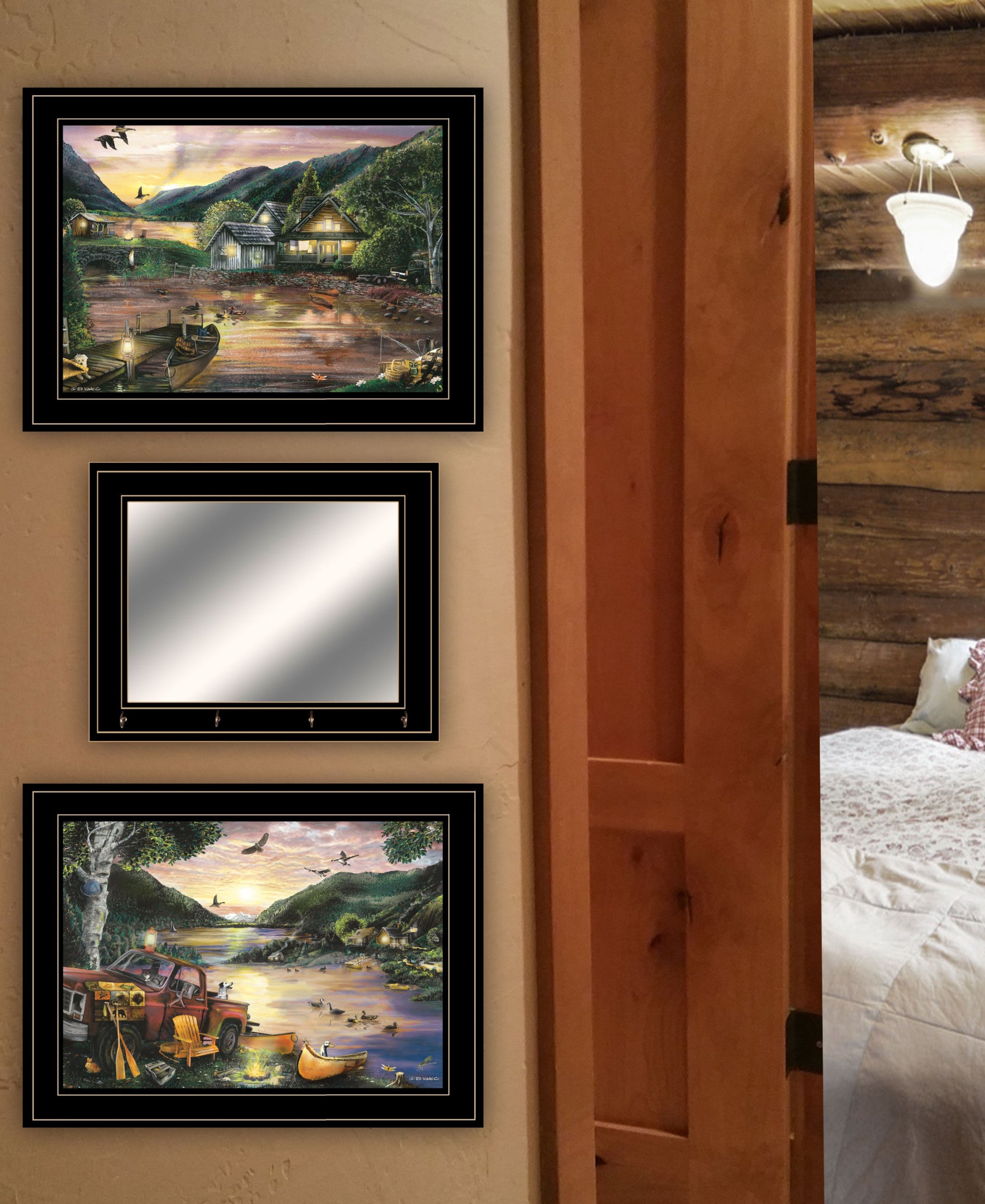 Set Of Three Lakefront Camping 2 Black Framed Print Wall Art