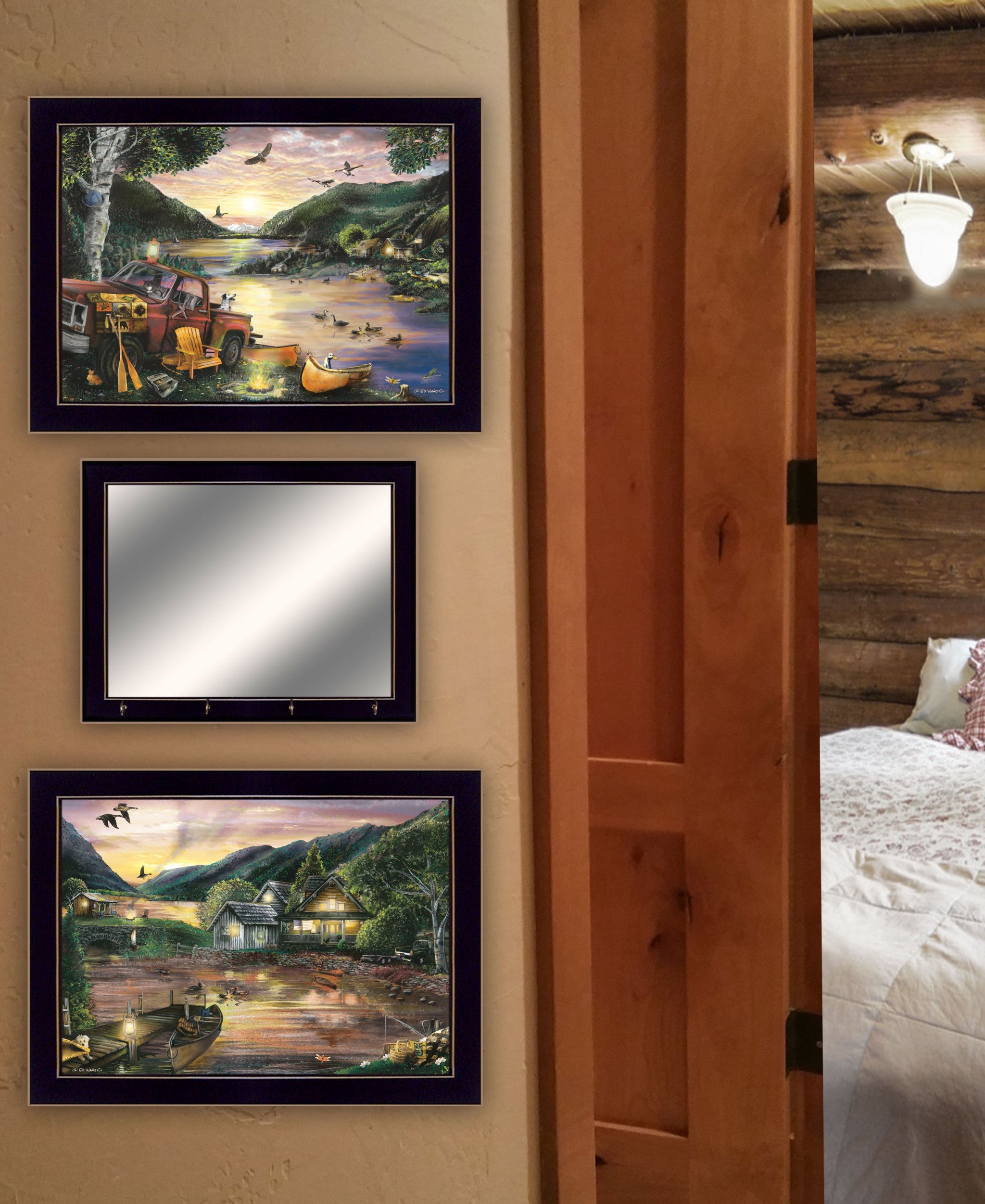 Set Of Three Lakefront Camping 3 Black Framed Print Wall Art with Mirror