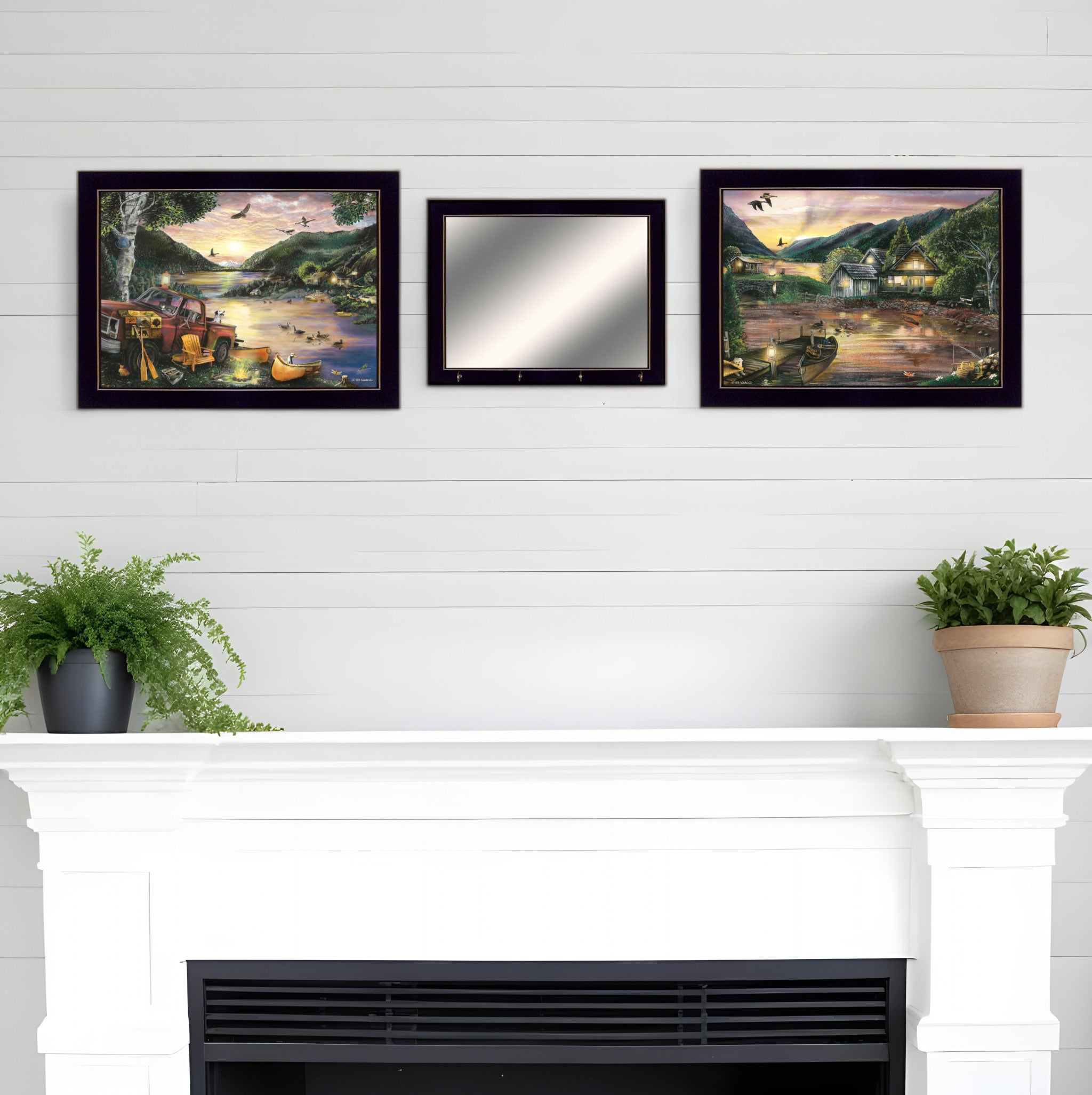 Set Of Three Lakefront Camping 3 Black Framed Print Wall Art