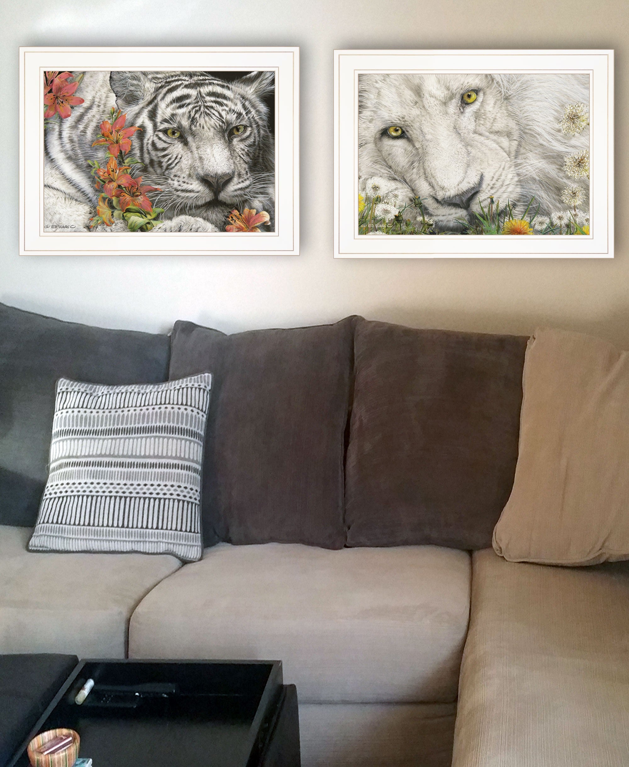 Set Of Two Tiger Lily Dandy Lion 1 White Framed Print Wall Art