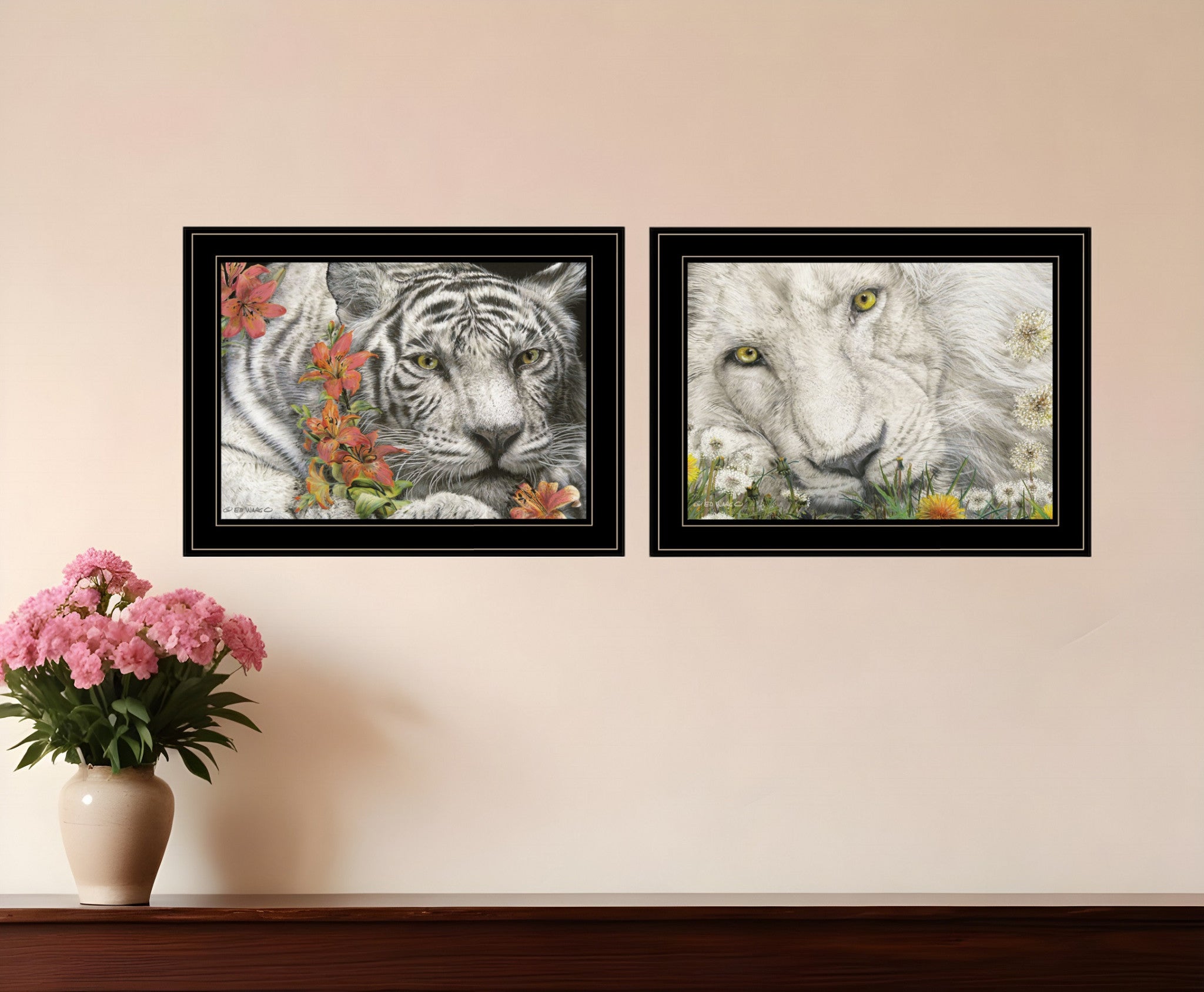 Set Of Two Tiger Lily Dandy Lion 2 Black Framed Print Wall Art