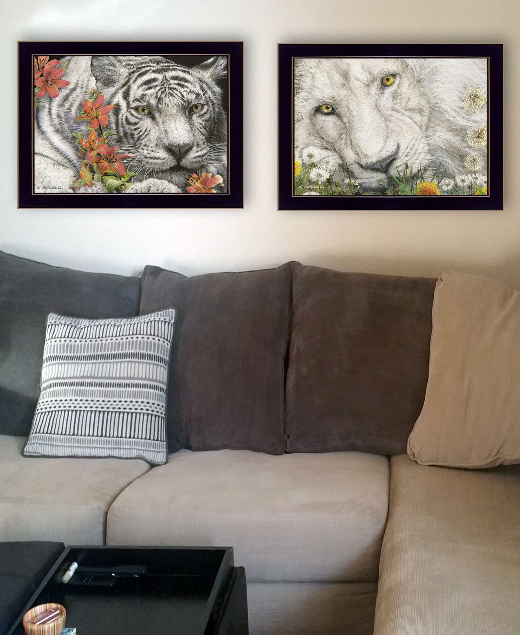 Set Of Two Tiger Lily Dandy Lion 3 Black Framed Print Wall Art