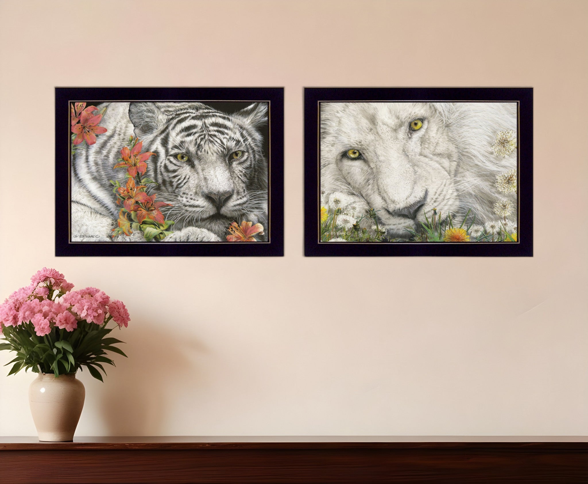 Set Of Two Tiger Lily Dandy Lion 3 Black Framed Print Wall Art