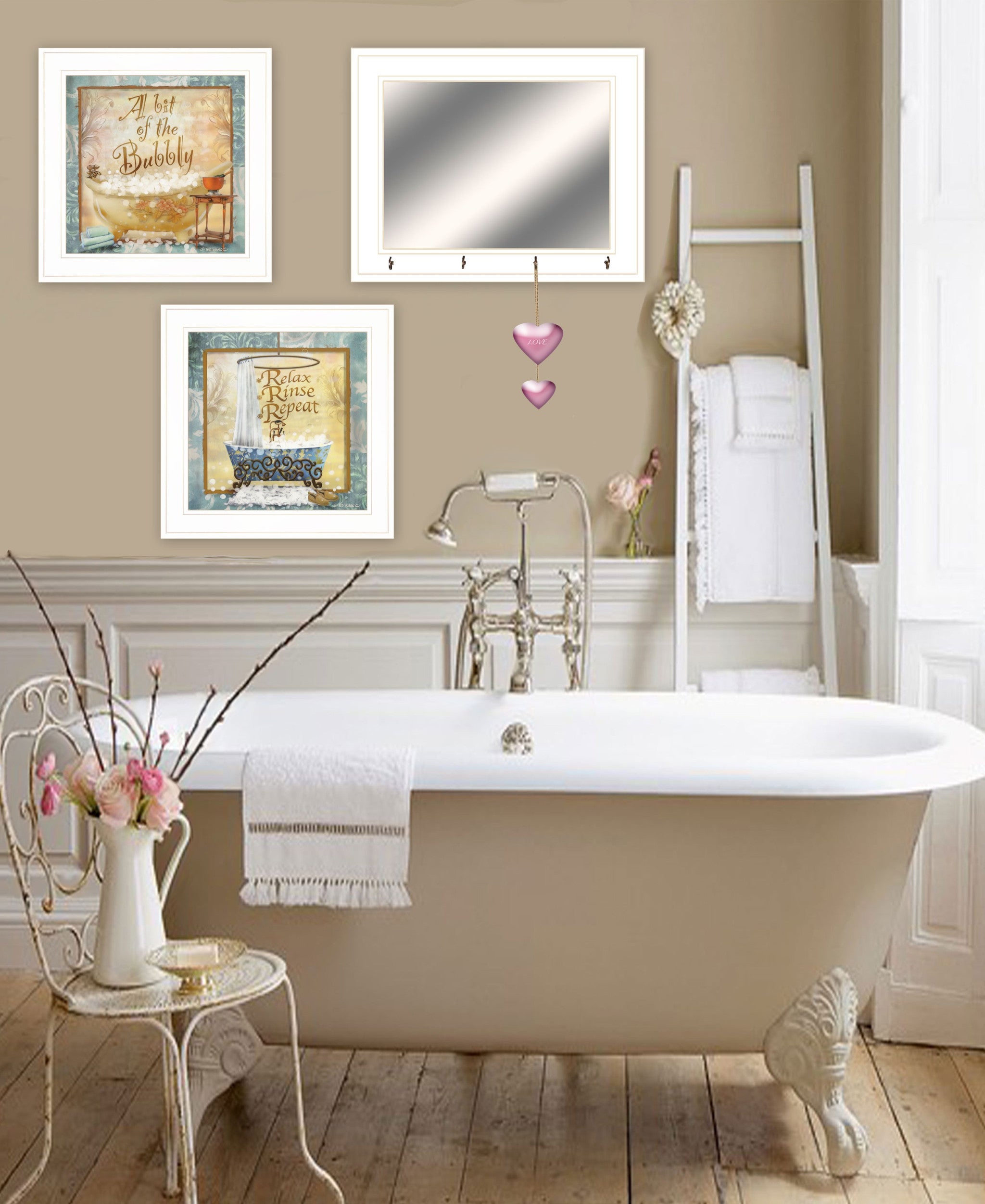 Set Of Three Bit of Bubbly White Framed Bathroom Wall Art With Mirror And Hooks