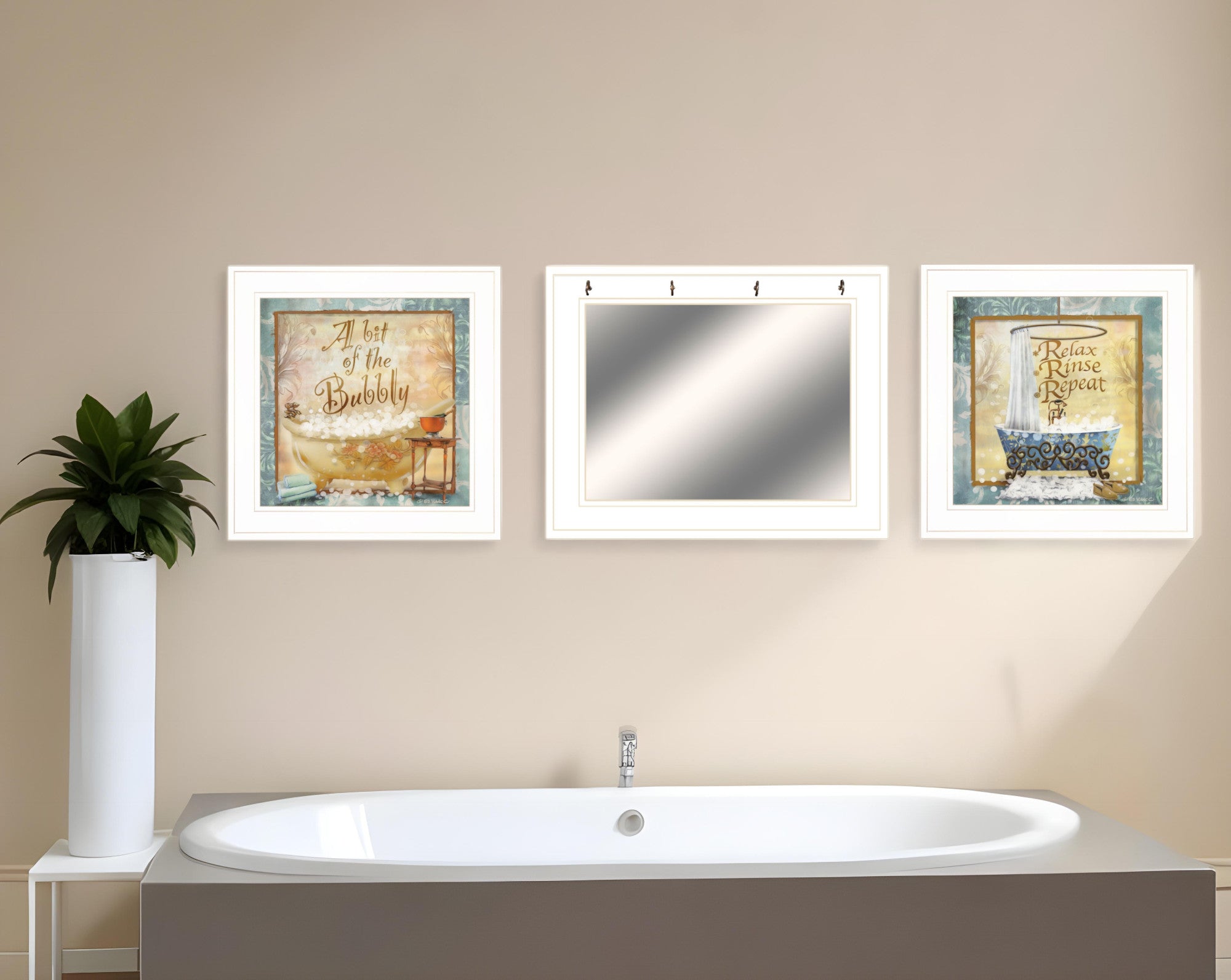 Set Of Three Bit of Bubbly White Framed Bathroom Wall Art With Mirror And Hooks