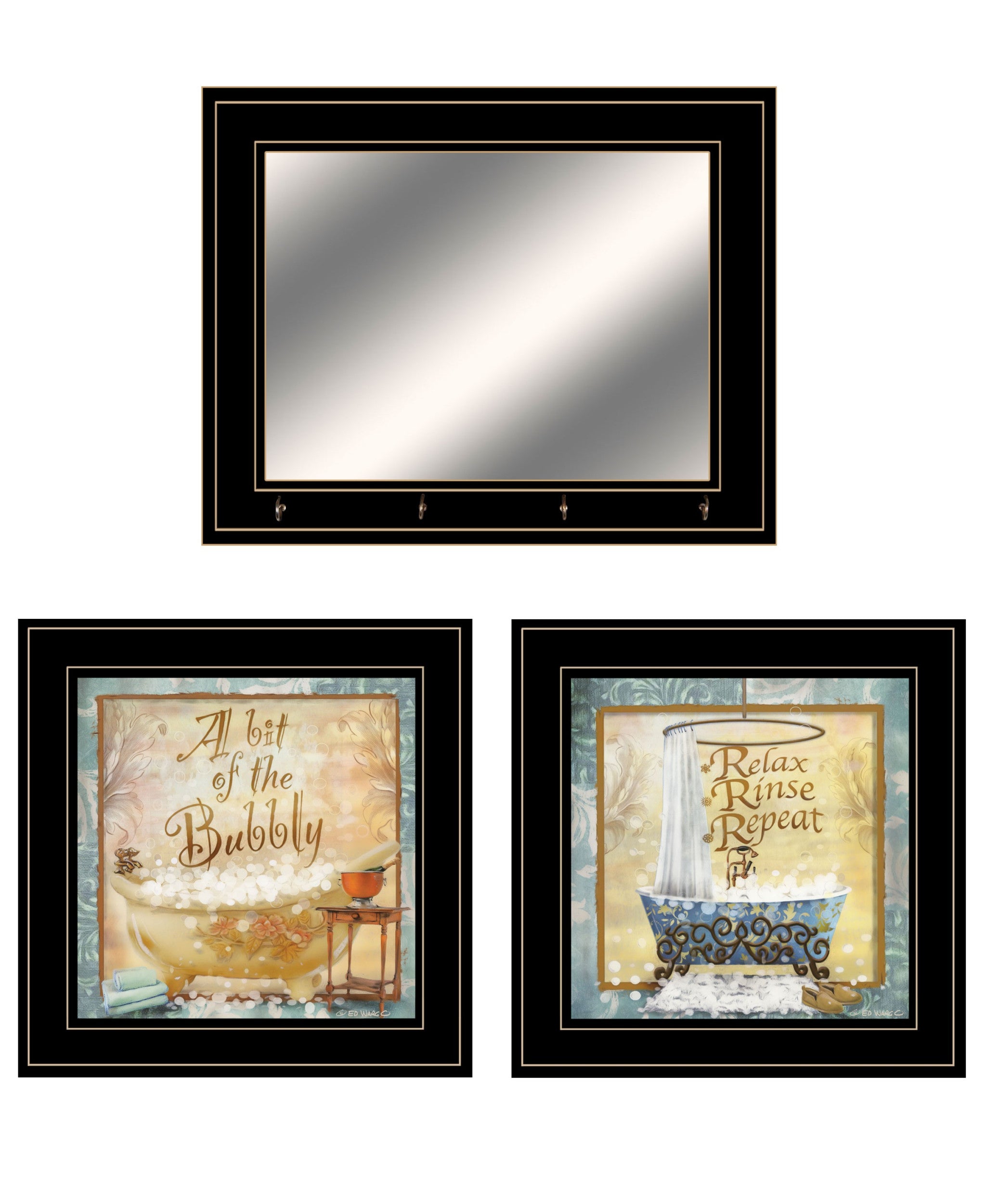 Set Of Three A Bit Of Bubbly 2 Black Framed Print Bath Wall Art with Mirror