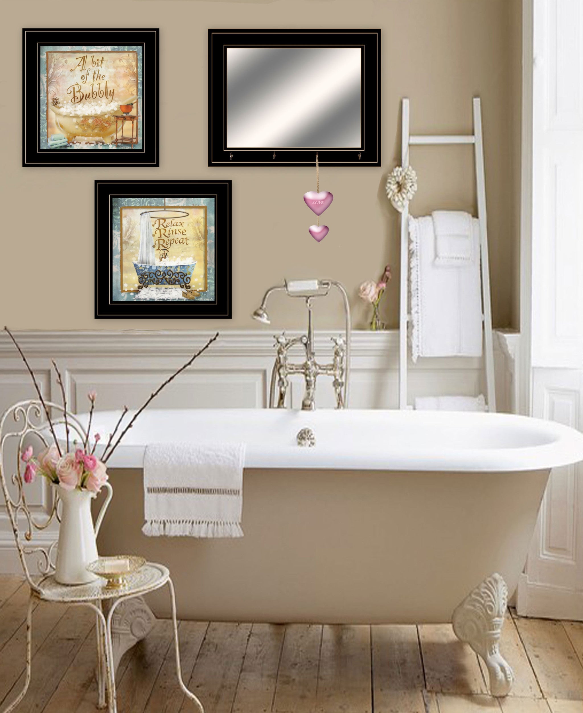 Set Of Three A Bit Of Bubbly 2 Black Framed Print Bath Wall Art with Mirror