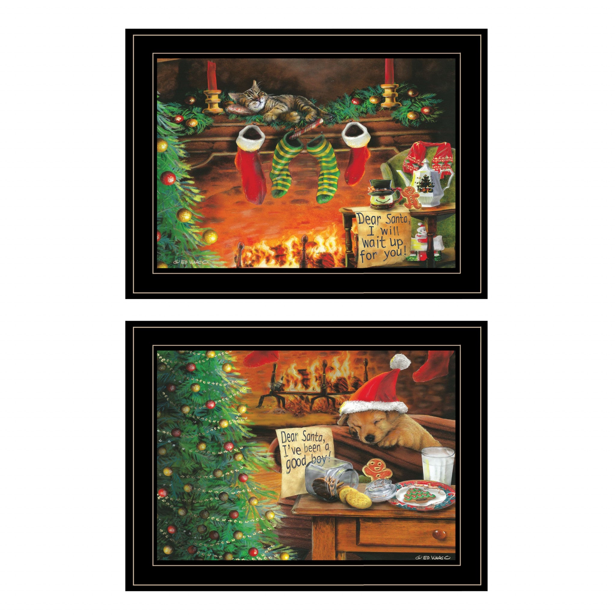 Set Of Two Christmas Cat and Dog Black Framed Print Wall Art