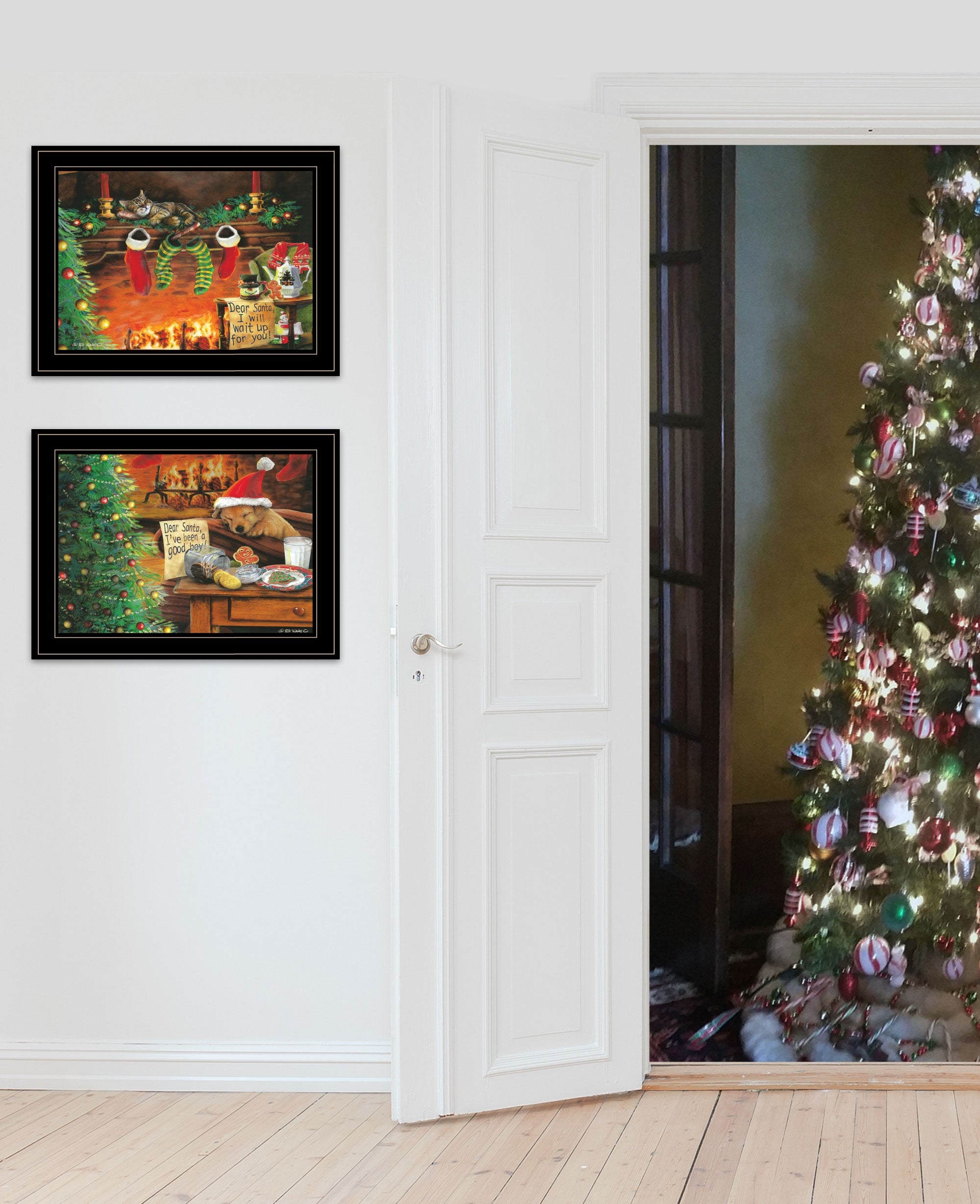 Set Of Two Christmas Cat and Dog Black Framed Print Wall Art