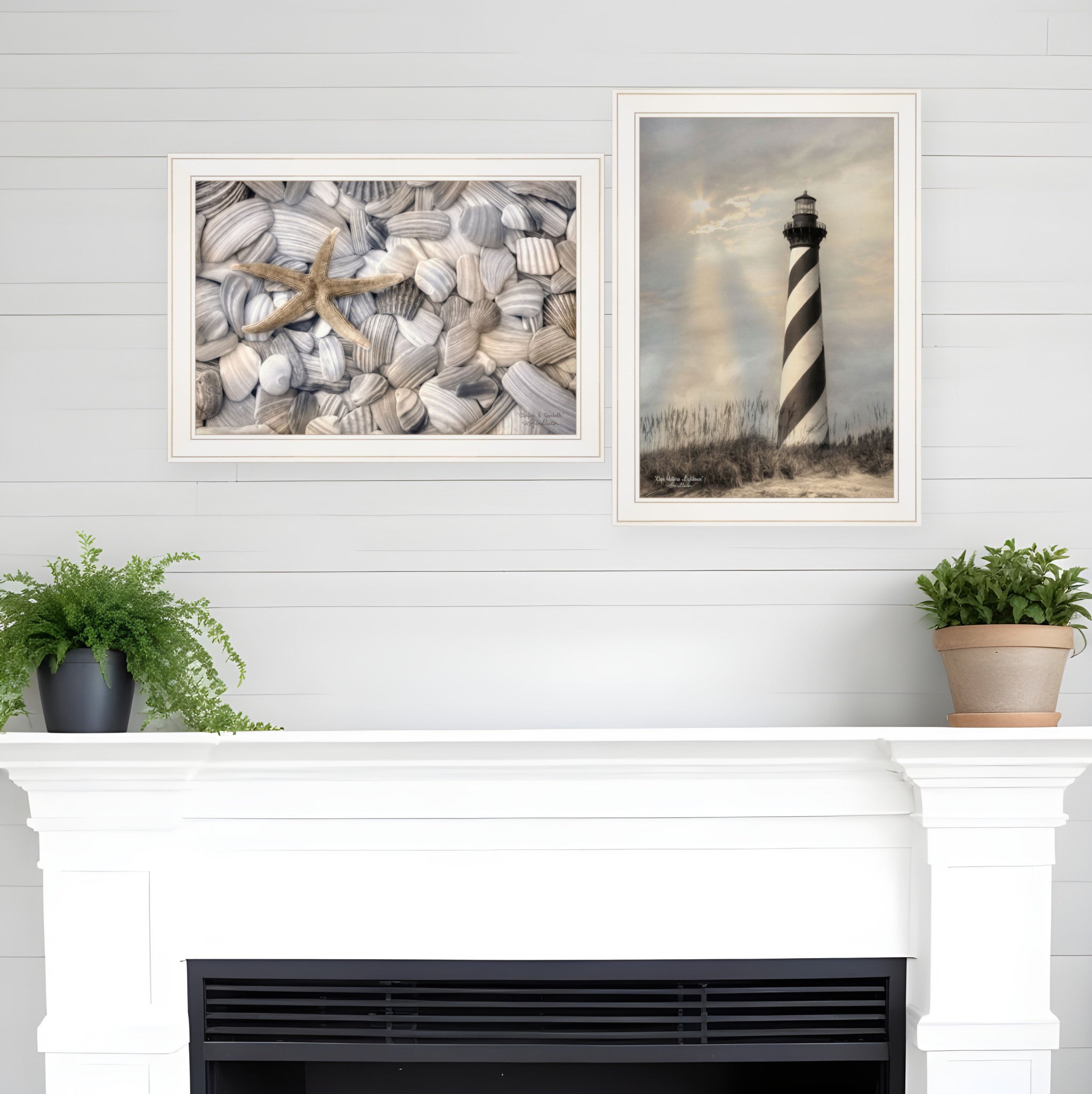 Set Of Two Cape Hatteras Lighthouse and Sea Shells 3 White Framed Print Wall Art