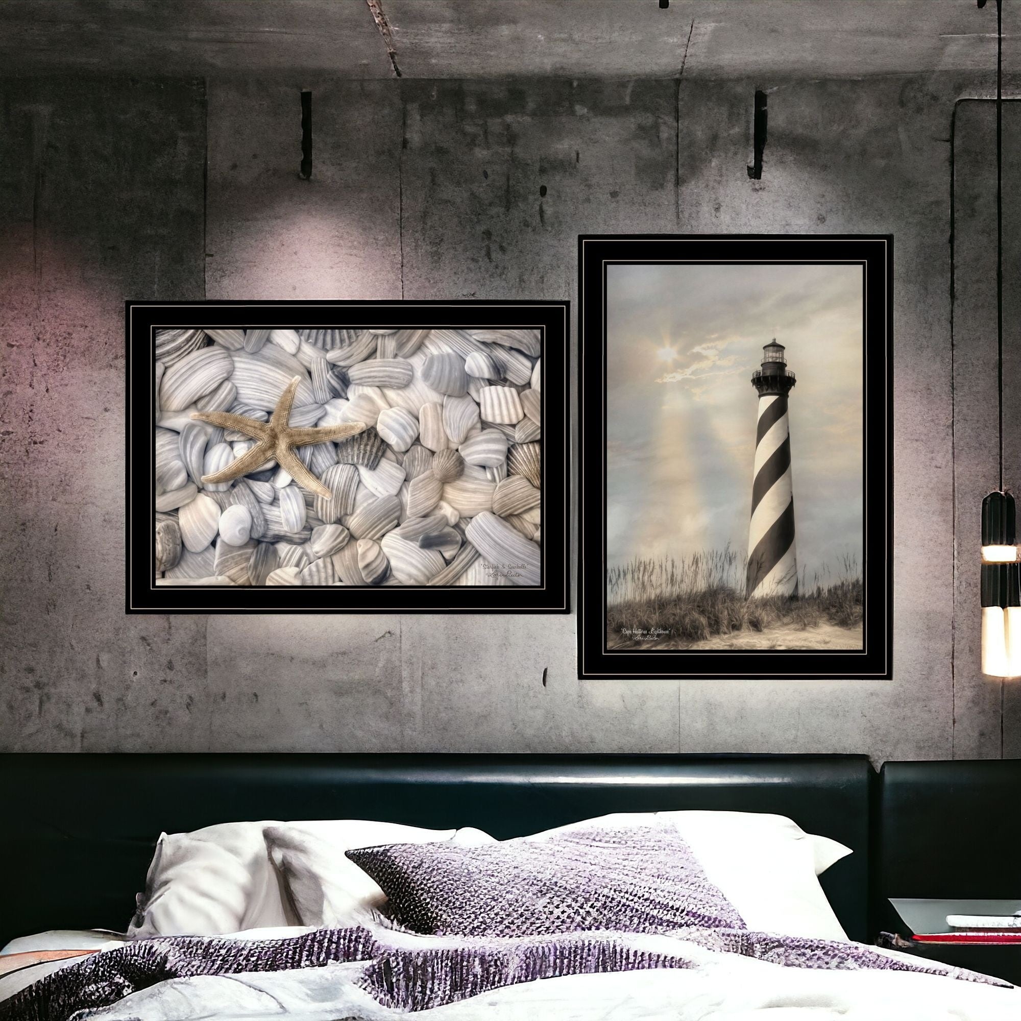 Set Of Two Cape Hatteras Lighthouse and Sea Shells 4 Black Framed Print Wall Art