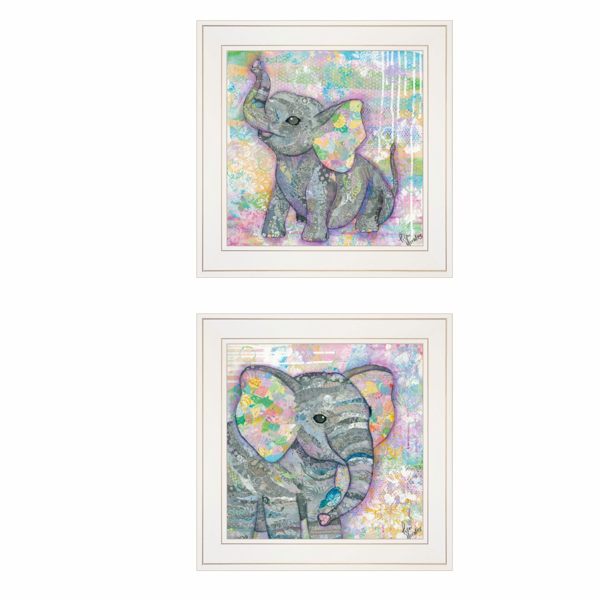 Set Of Two Whimsical Pastel Elephant White Framed Print Wall Art