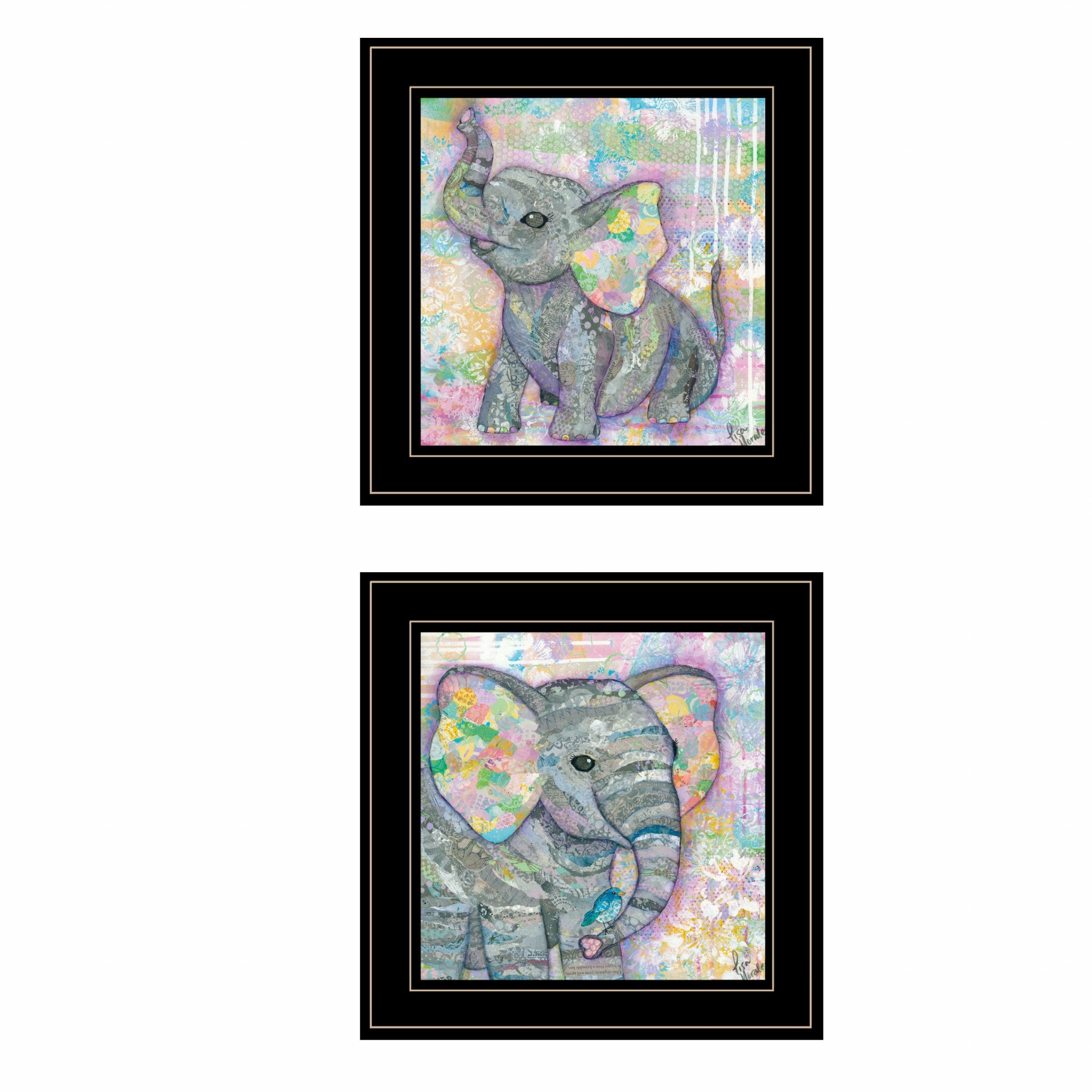 Set Of Two Whimsical Pastel Elephant Black Framed Print Wall Art