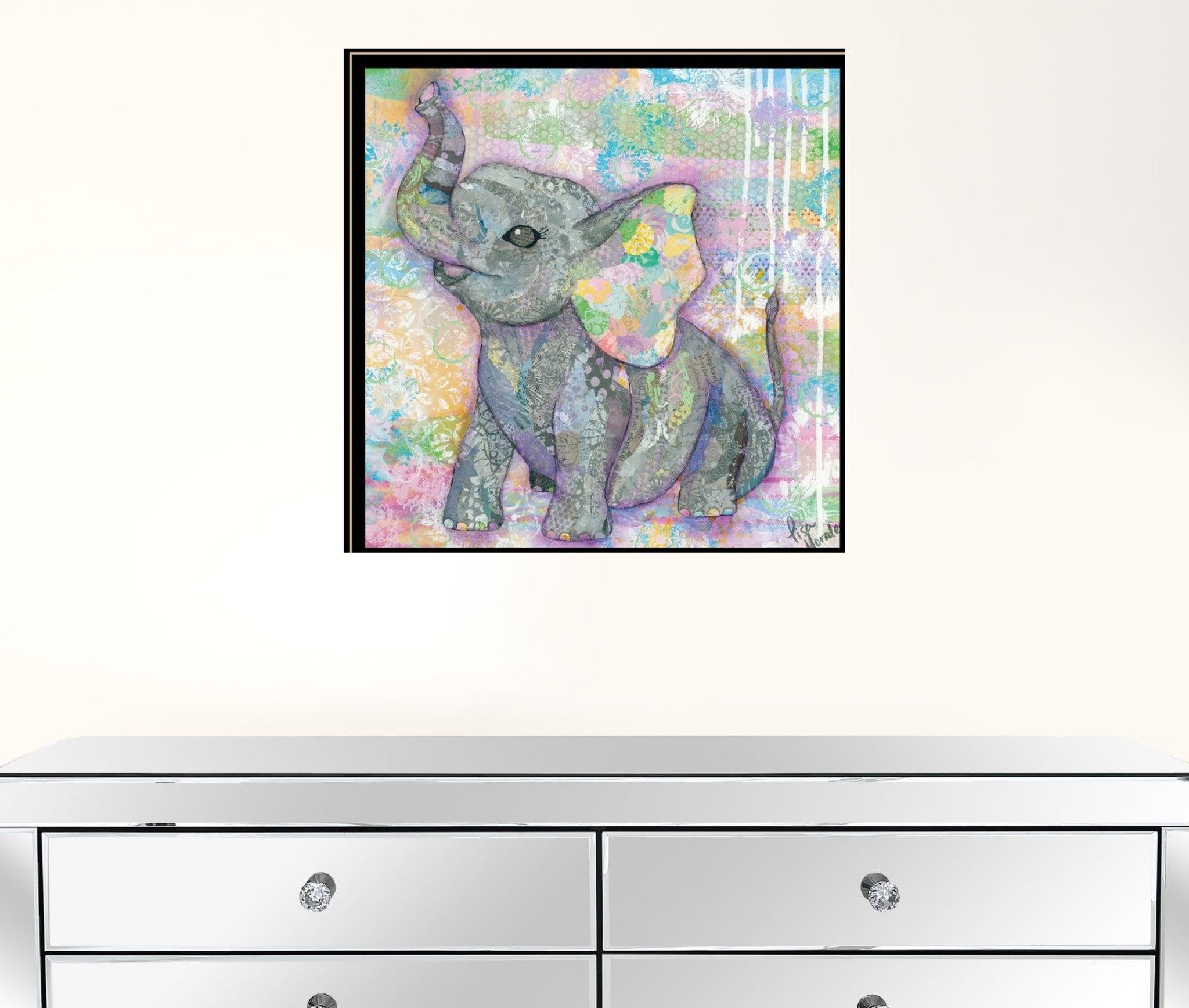 Set Of Three Whimsical Pastel Elephant  Black Framed Print Wall Art with Mirror