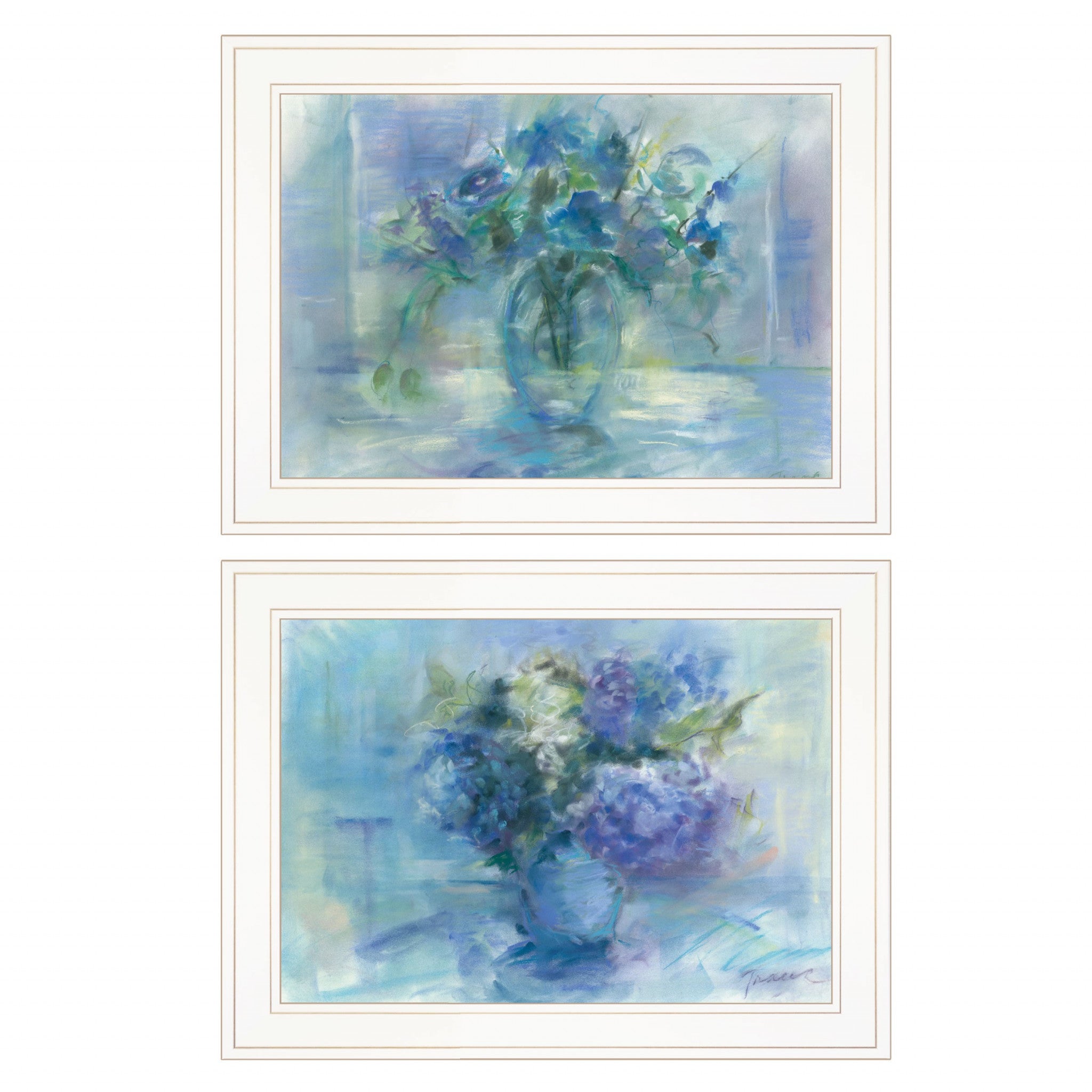 Set Of Two Susies Blue Bouquet 1 White Framed Print Wall Art