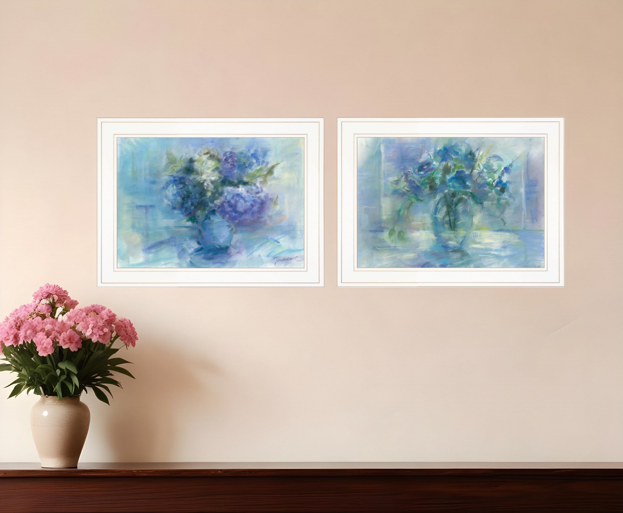 Set Of Two Susies Blue Bouquet 1 White Framed Print Wall Art