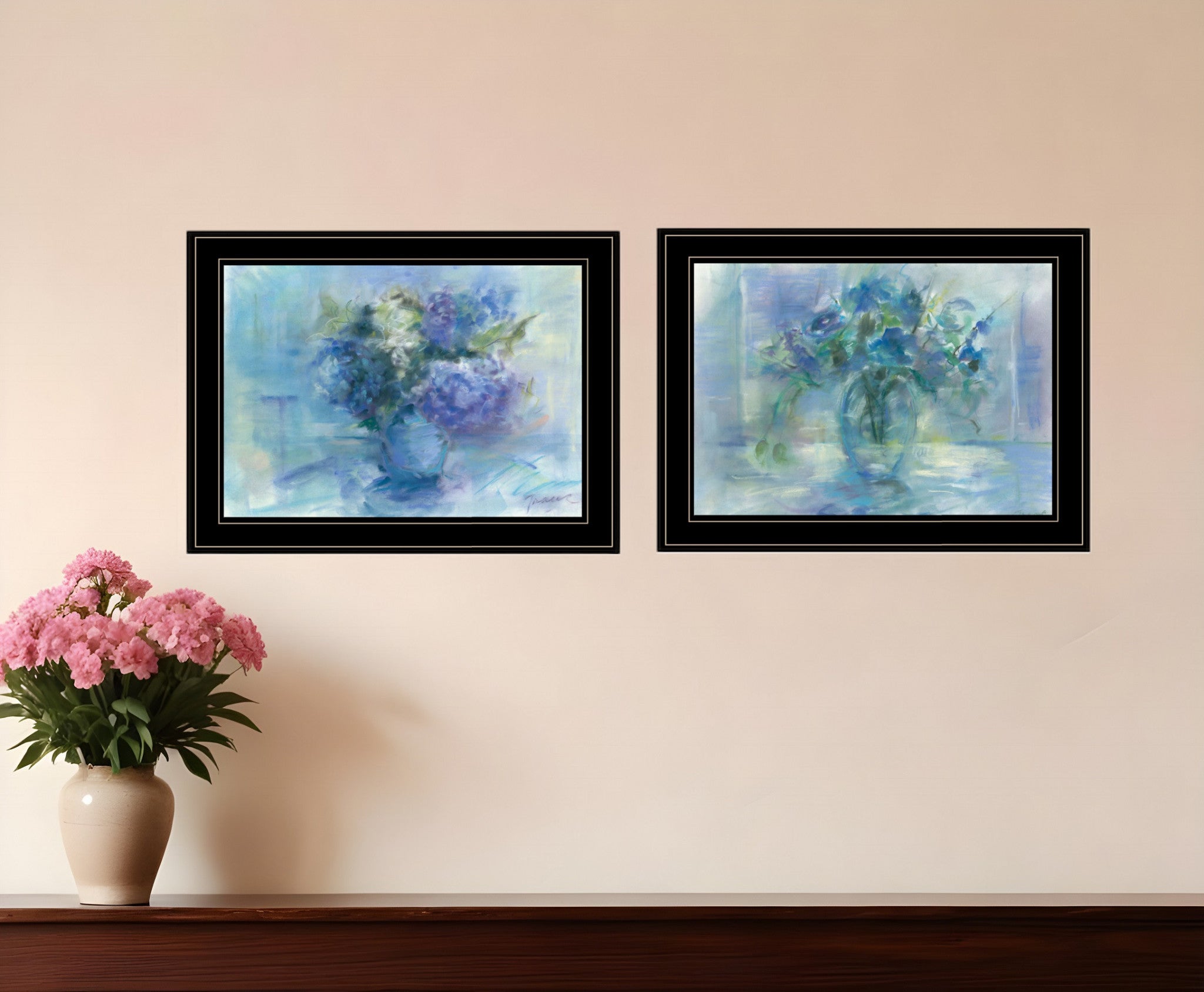 Set Of Two Susies Blue Bouquet 2 Black Framed Print Wall Art