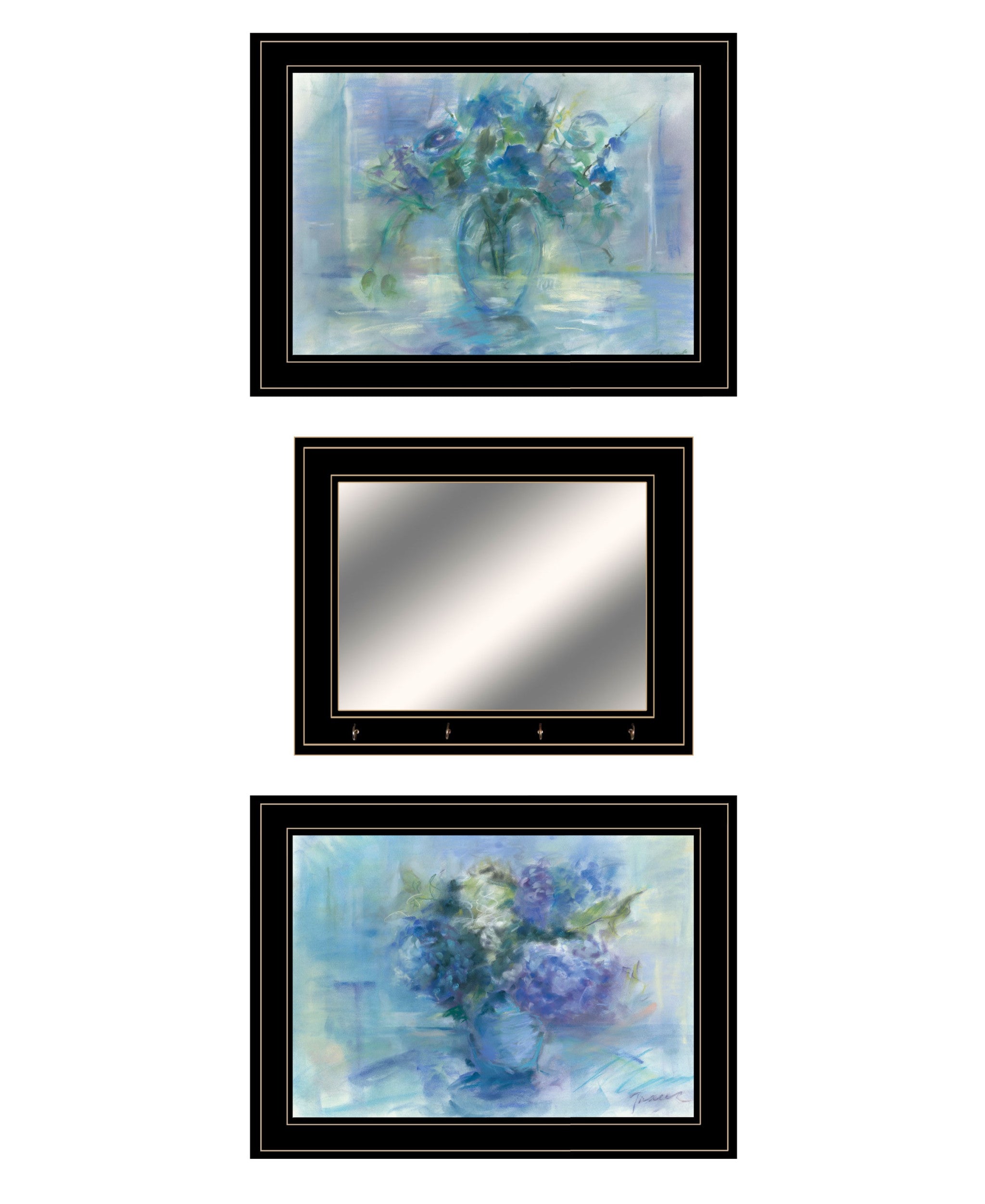 Set Of Three Blue Floral Black Framed Print Wall Art with Mirror